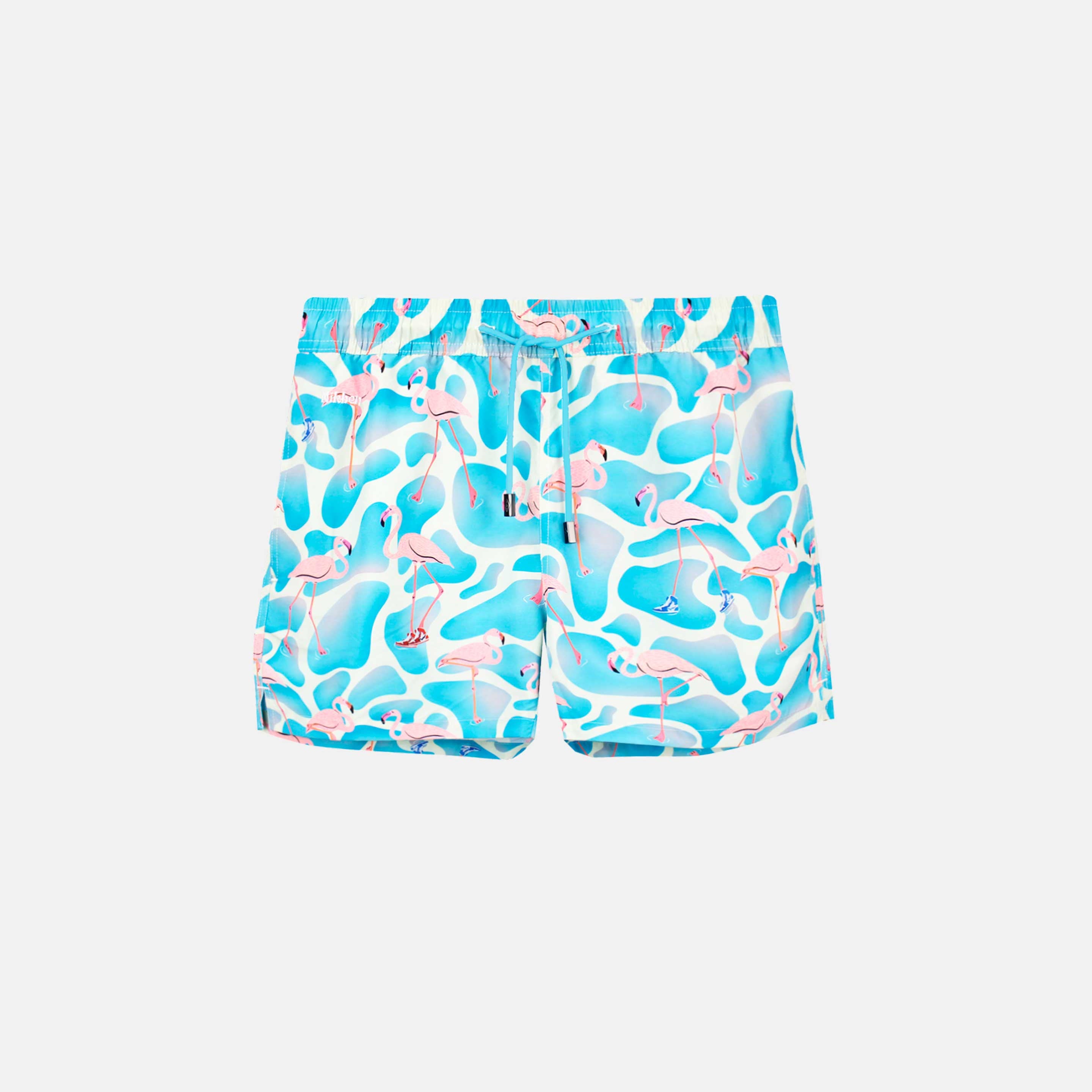 Blue mid length swim trunks with pink flamingos, logo and drawstring