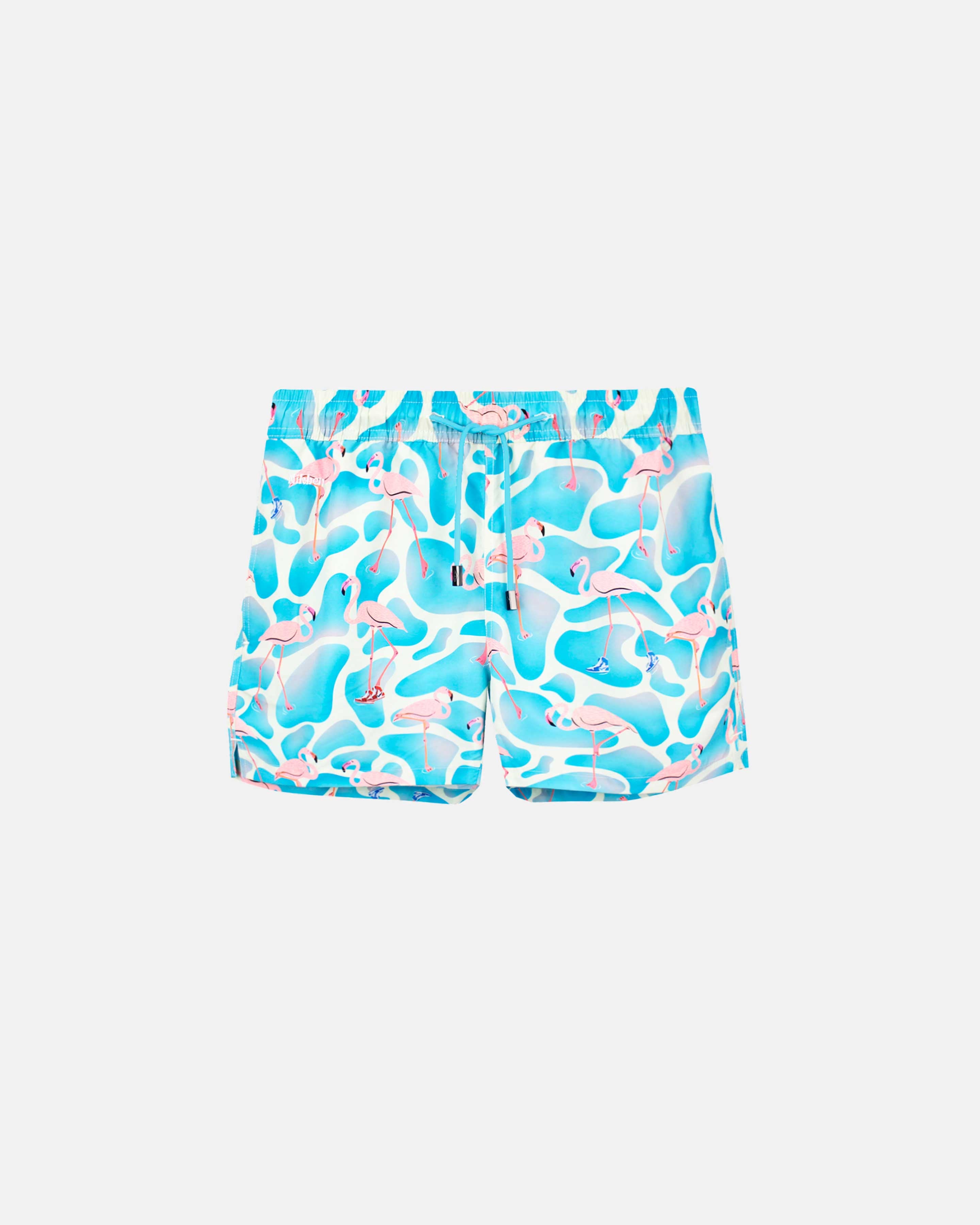 Blue mid length swim trunks with pink flamingos, logo and drawstring