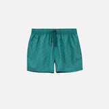 Green swim trunks with logo. Mid length shorts with drawstring waistband and two side pockets.