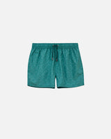 Green swim trunks with logo. Mid length shorts with drawstring waistband and two side pockets.