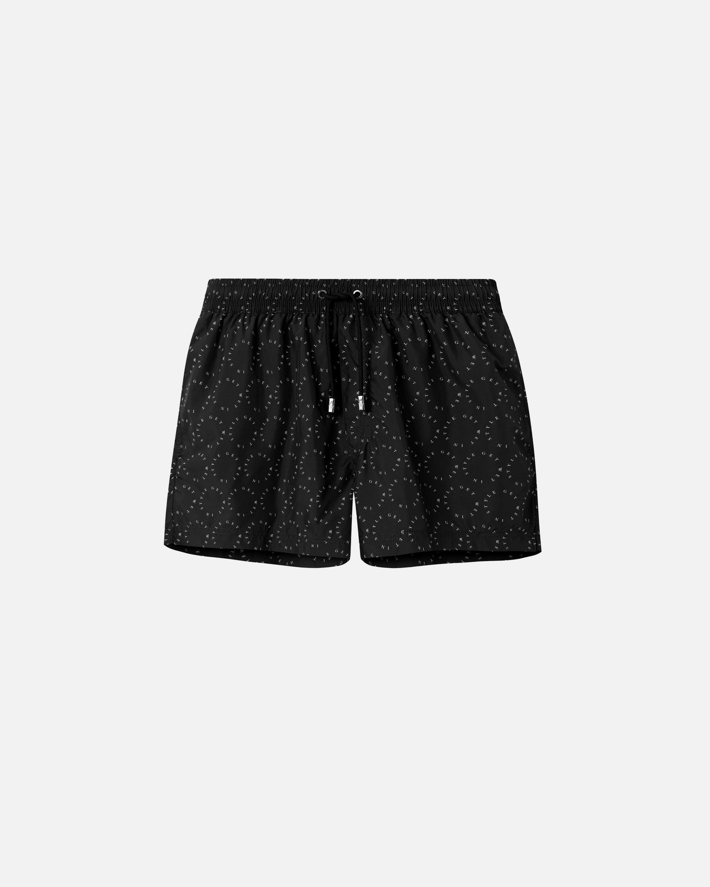 Black mid length swim trunks with white text