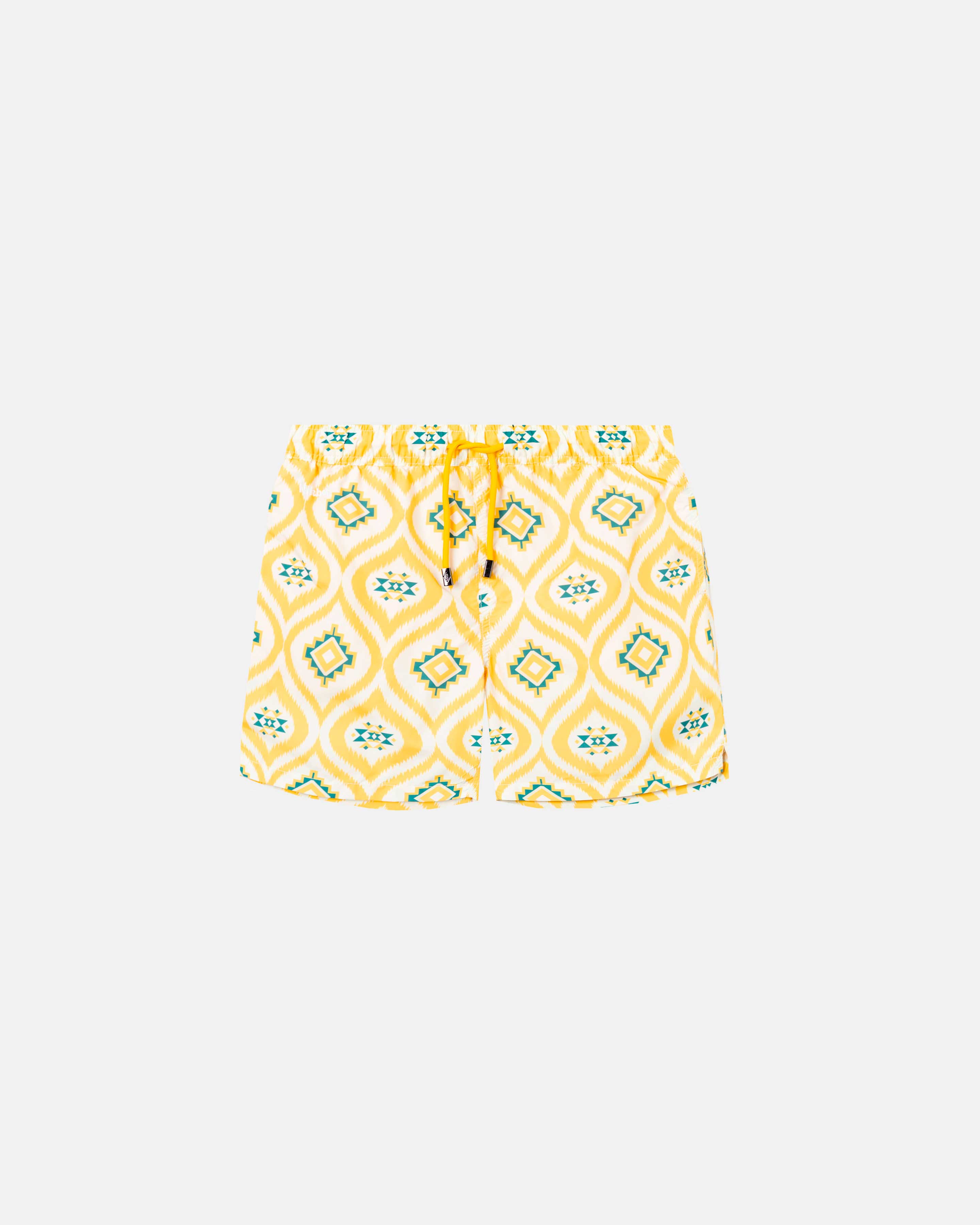 Yellow swim trunks with patterned print. Mid length with drawstring and two side pockets.
