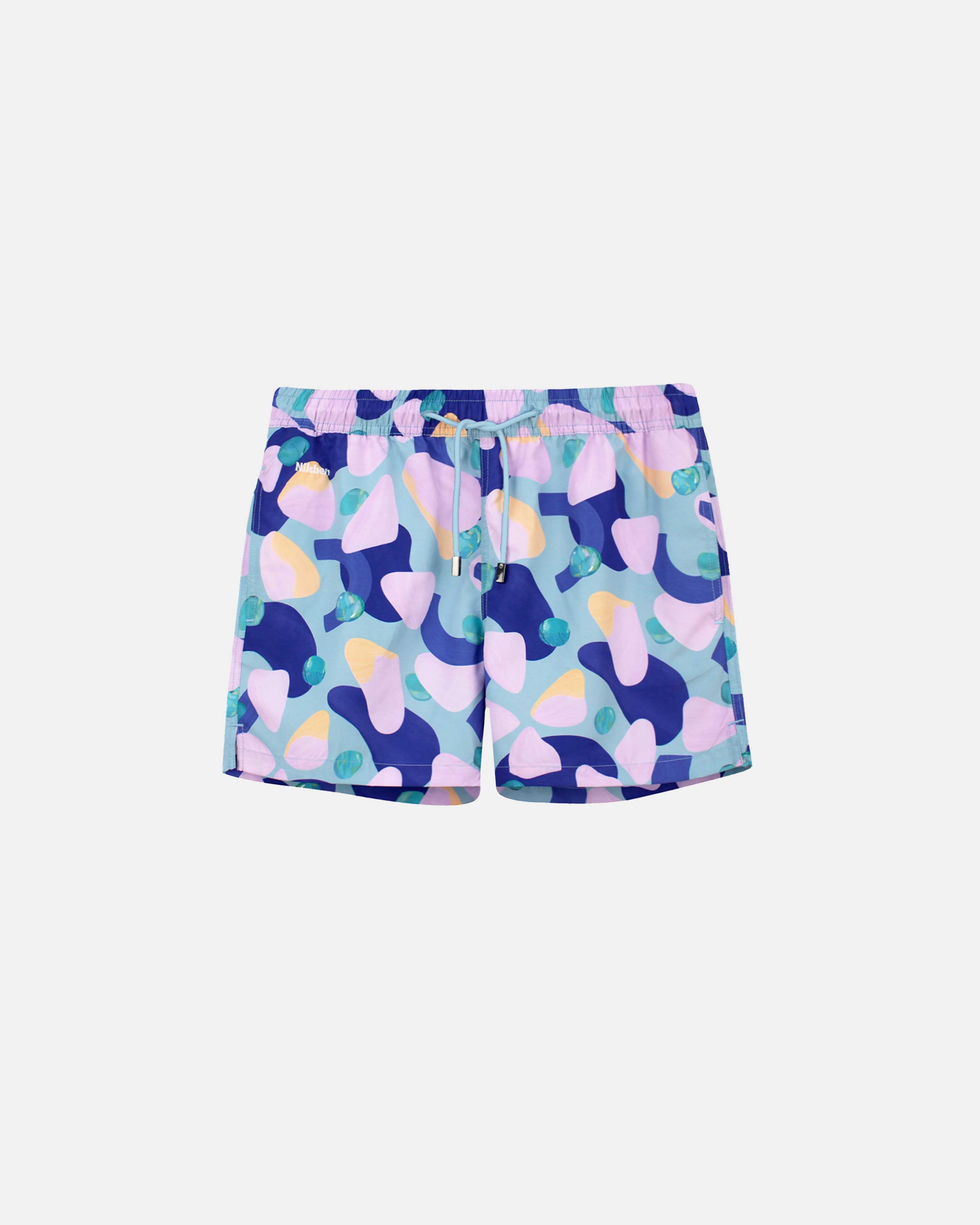 Mid length multicolor swim trunks with logo and drawstring
