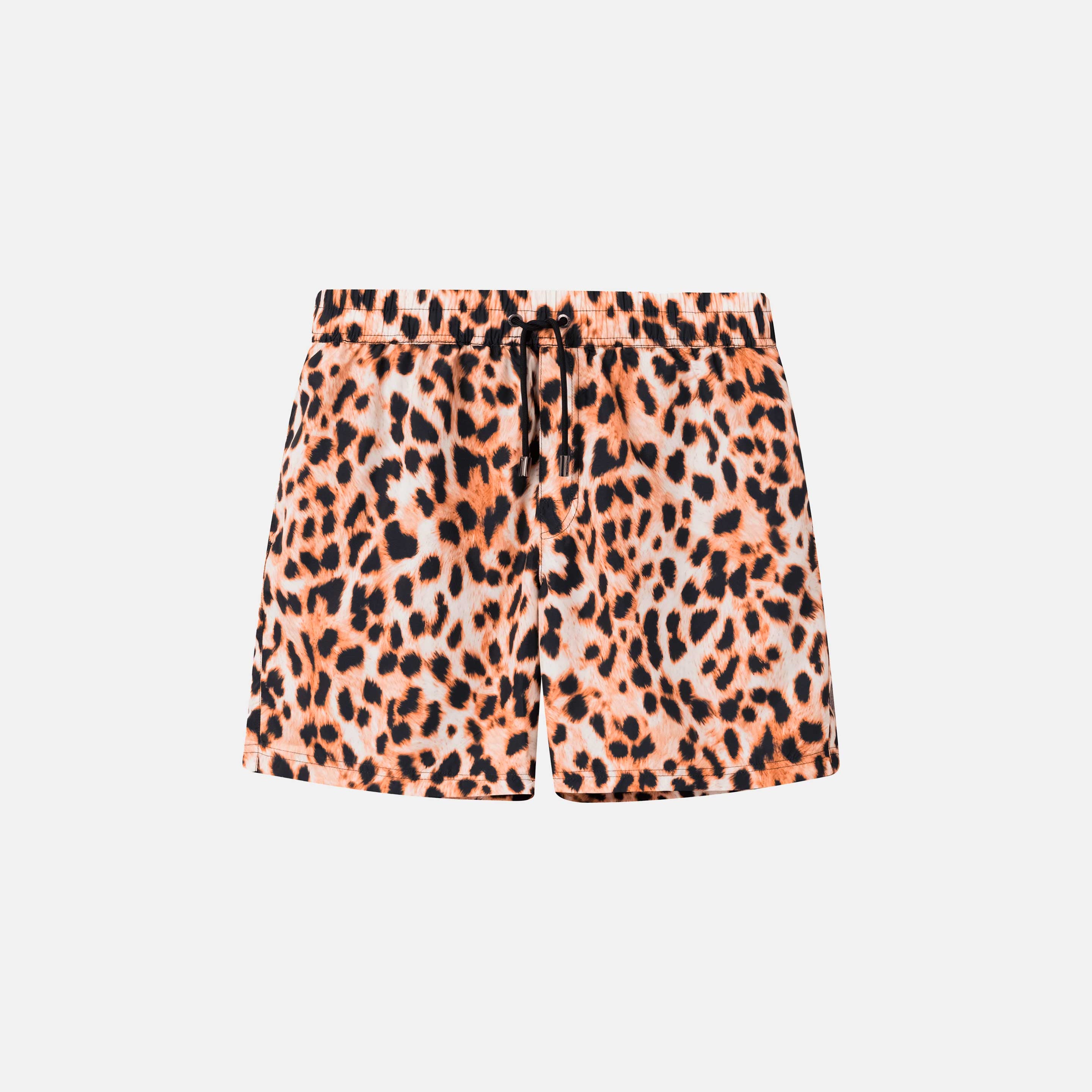 Leopard printed extended-length swim trunks