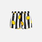 Black and white swim trunks with lemon print. Mid length with drawstring and two side pockets.