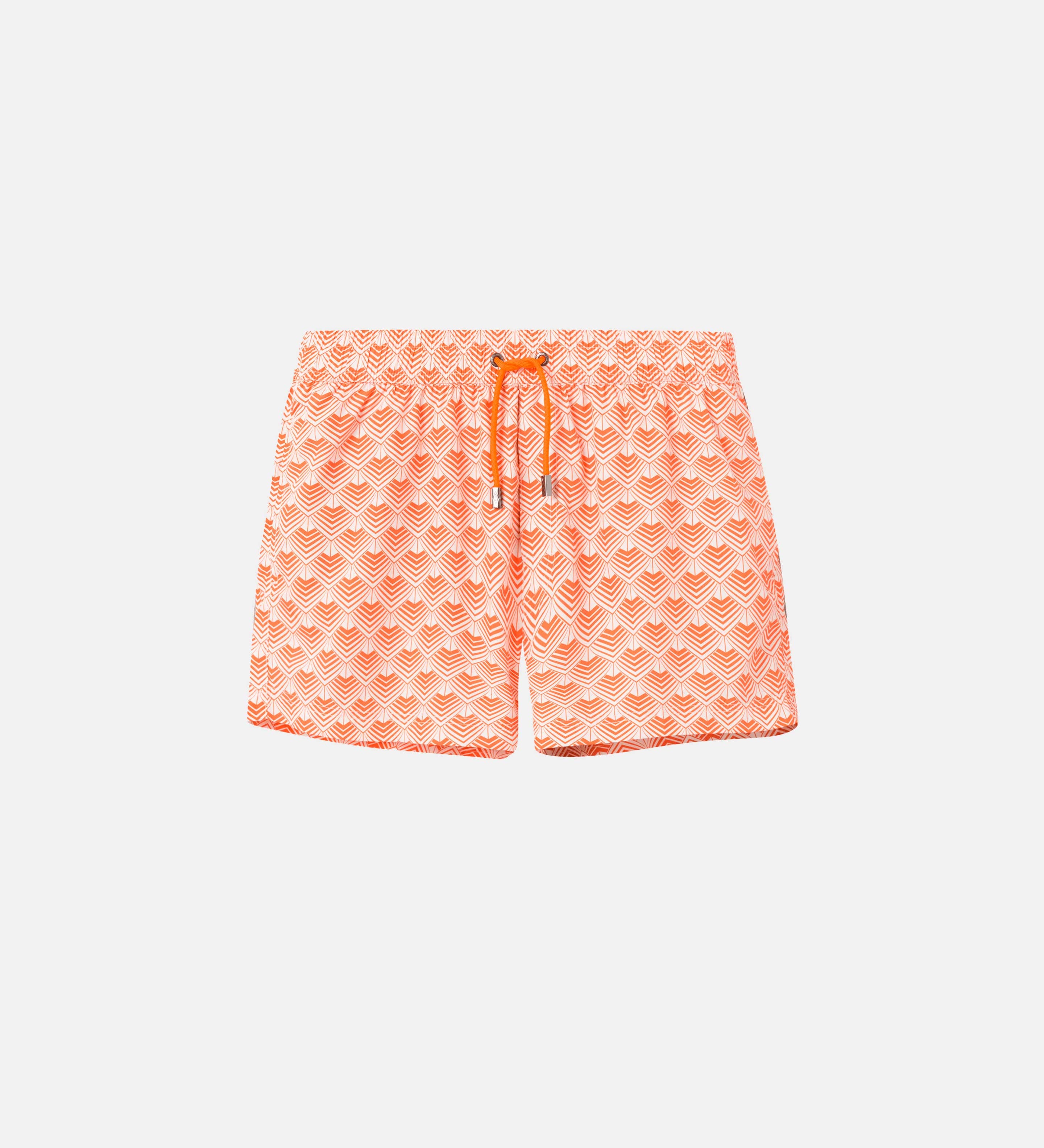 Orange and white patterned swimming trunks. Short length with drawstring and two side pockets.