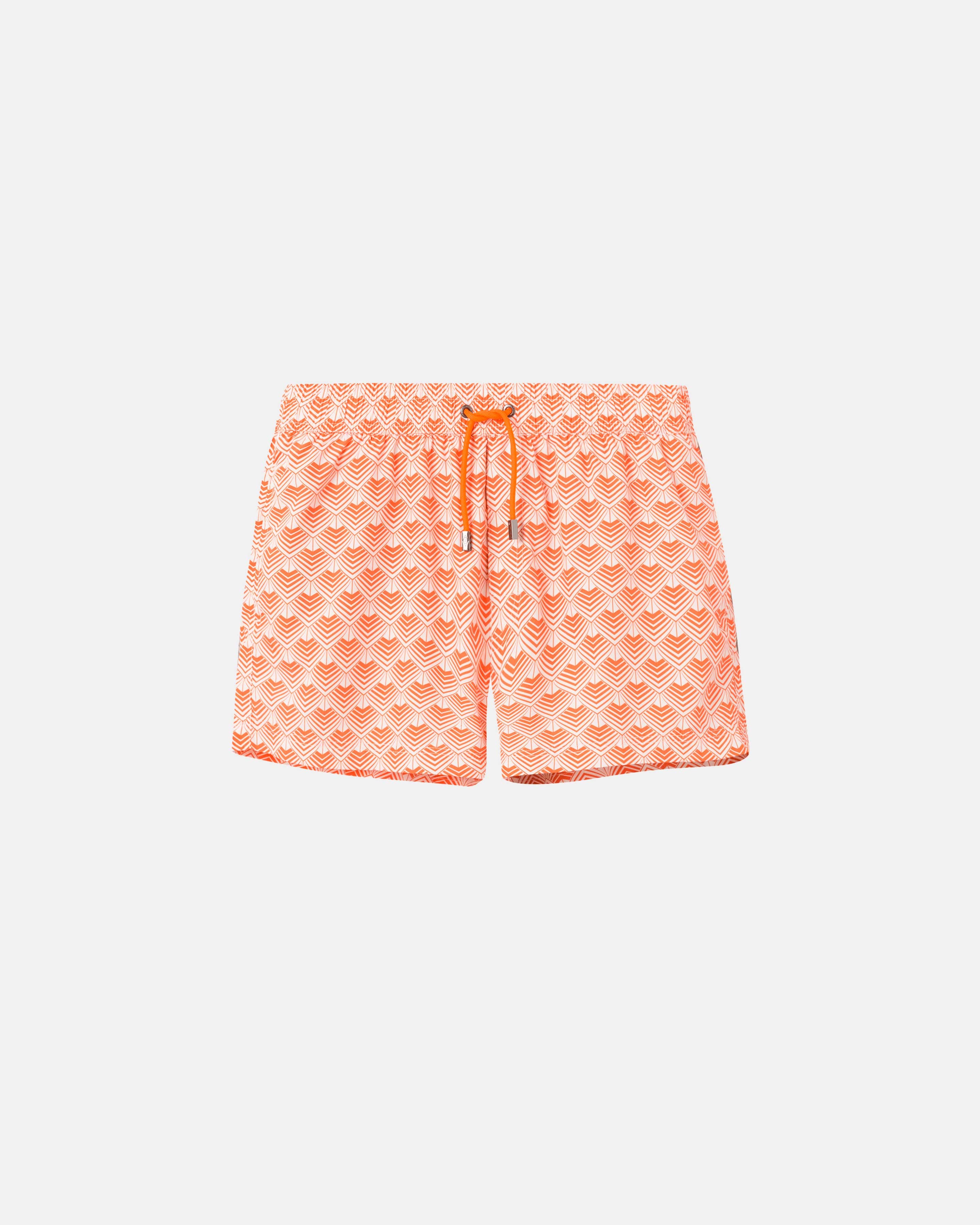 Orange and white patterned swimming trunks. Short length with drawstring and two side pockets.