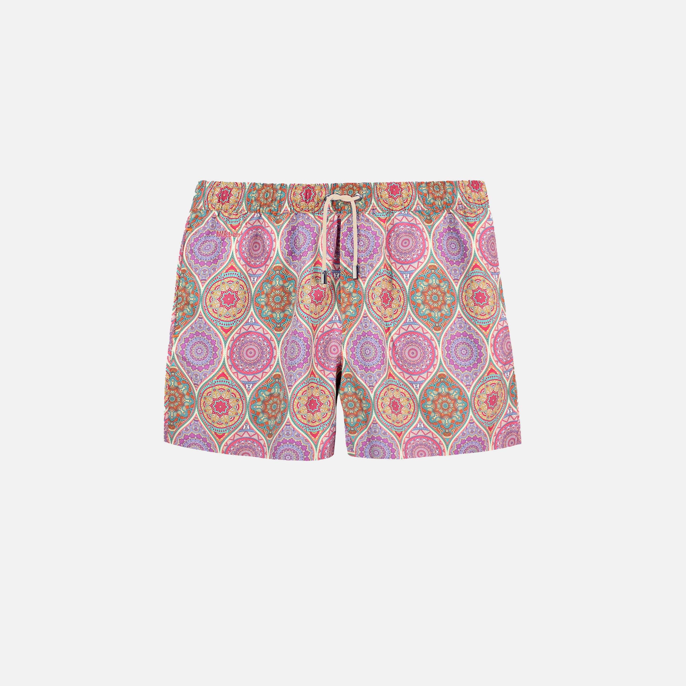 Multicolor mid-length swim trunks with logo and drawstring