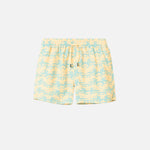 Yellow mid length swim trunks with green tiger print
