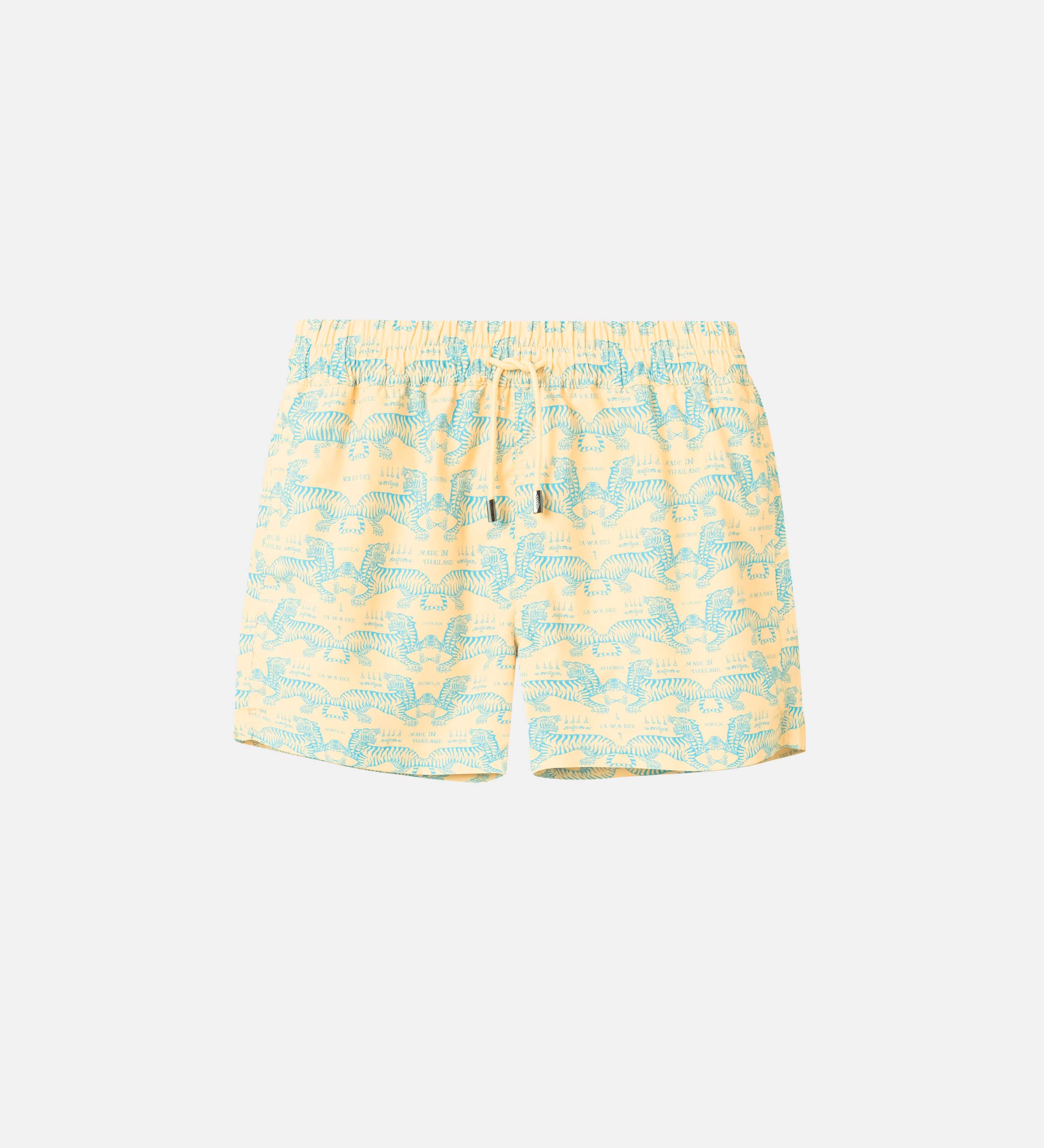 Yellow mid length swim trunks with green tiger print