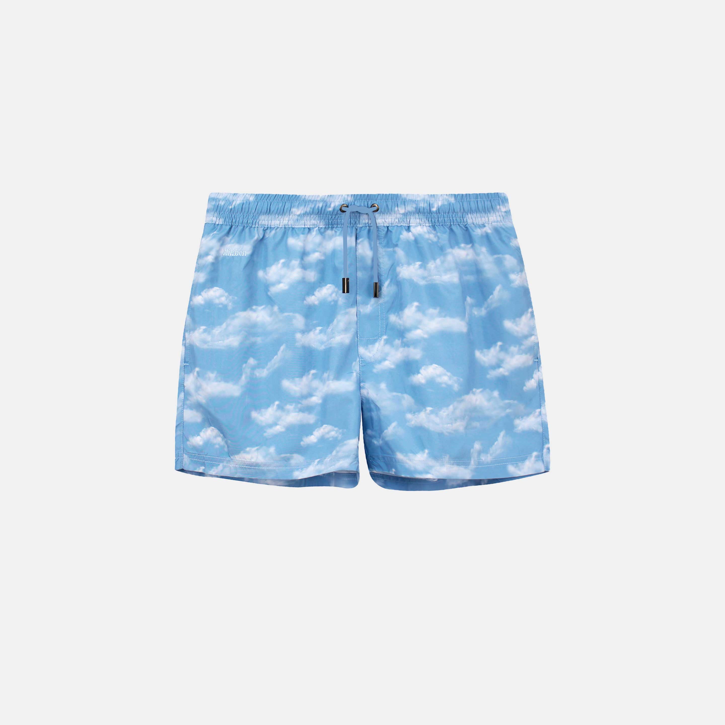 Light blue swim trunks with cloud print, logo and drawstring