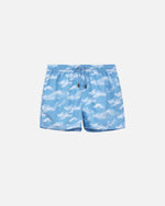 Light blue swim trunks with cloud print, logo and drawstring