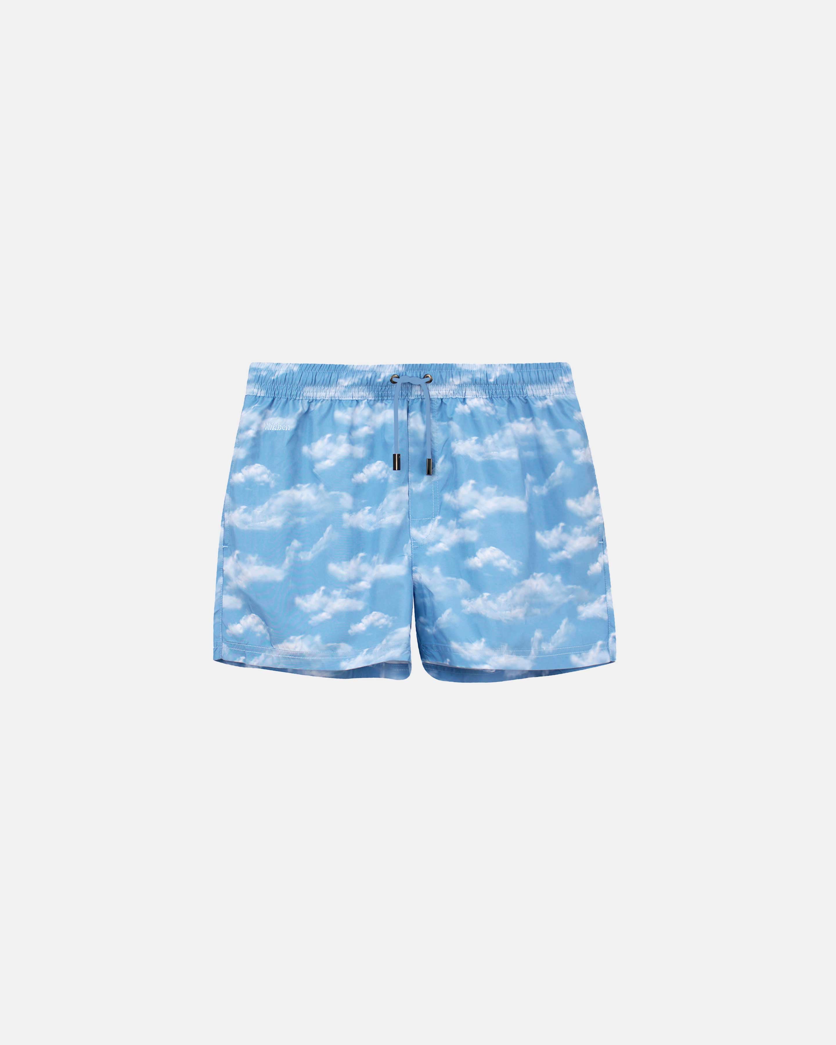 Light blue swim trunks with cloud print, logo and drawstring