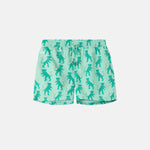 Green swim trunks with tiger print. Mid length with drawstring and two side pockets.