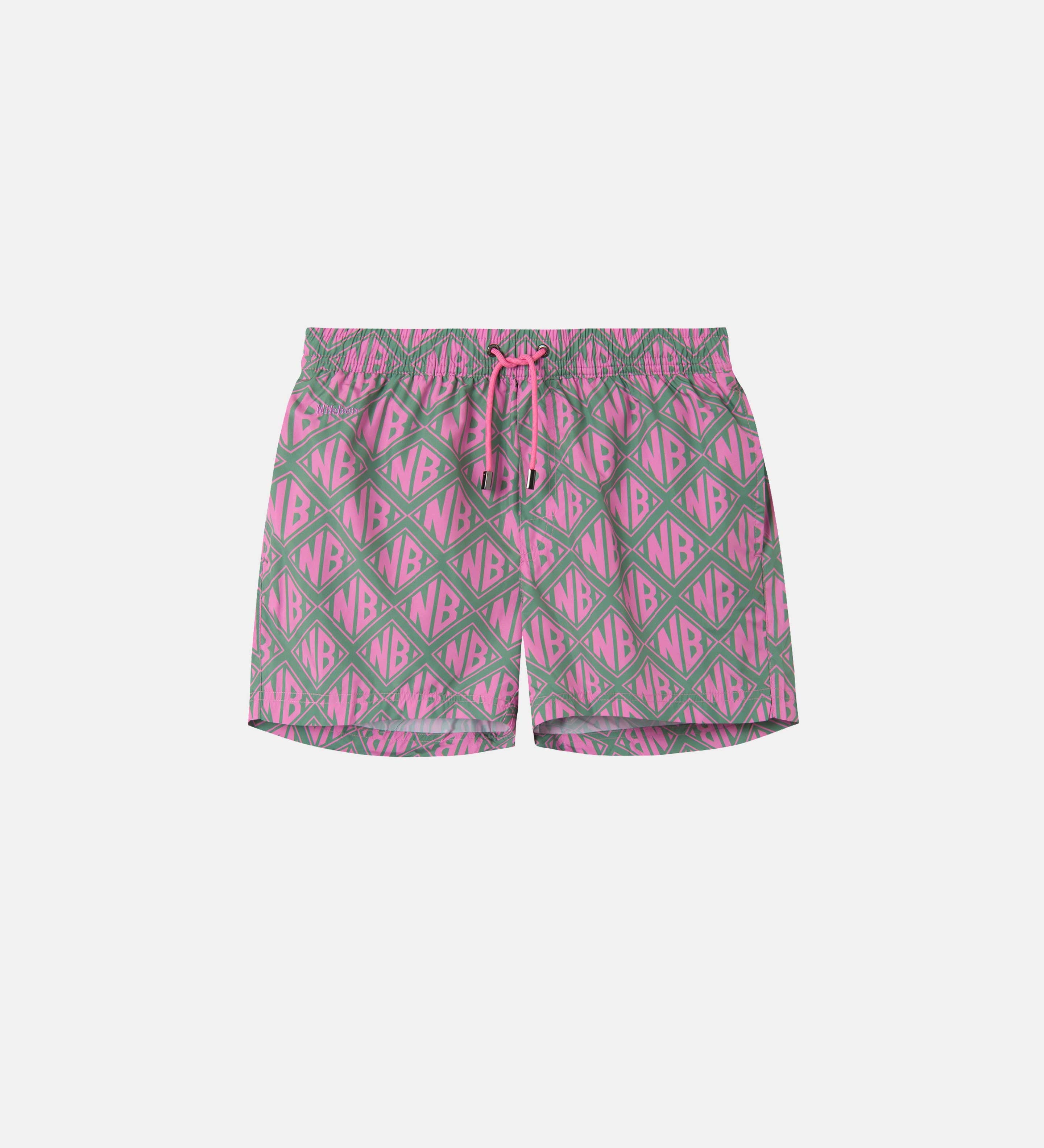 Olive and pink swim trunks with pink "NB" print. Mid length with drawstring and two side pockets.