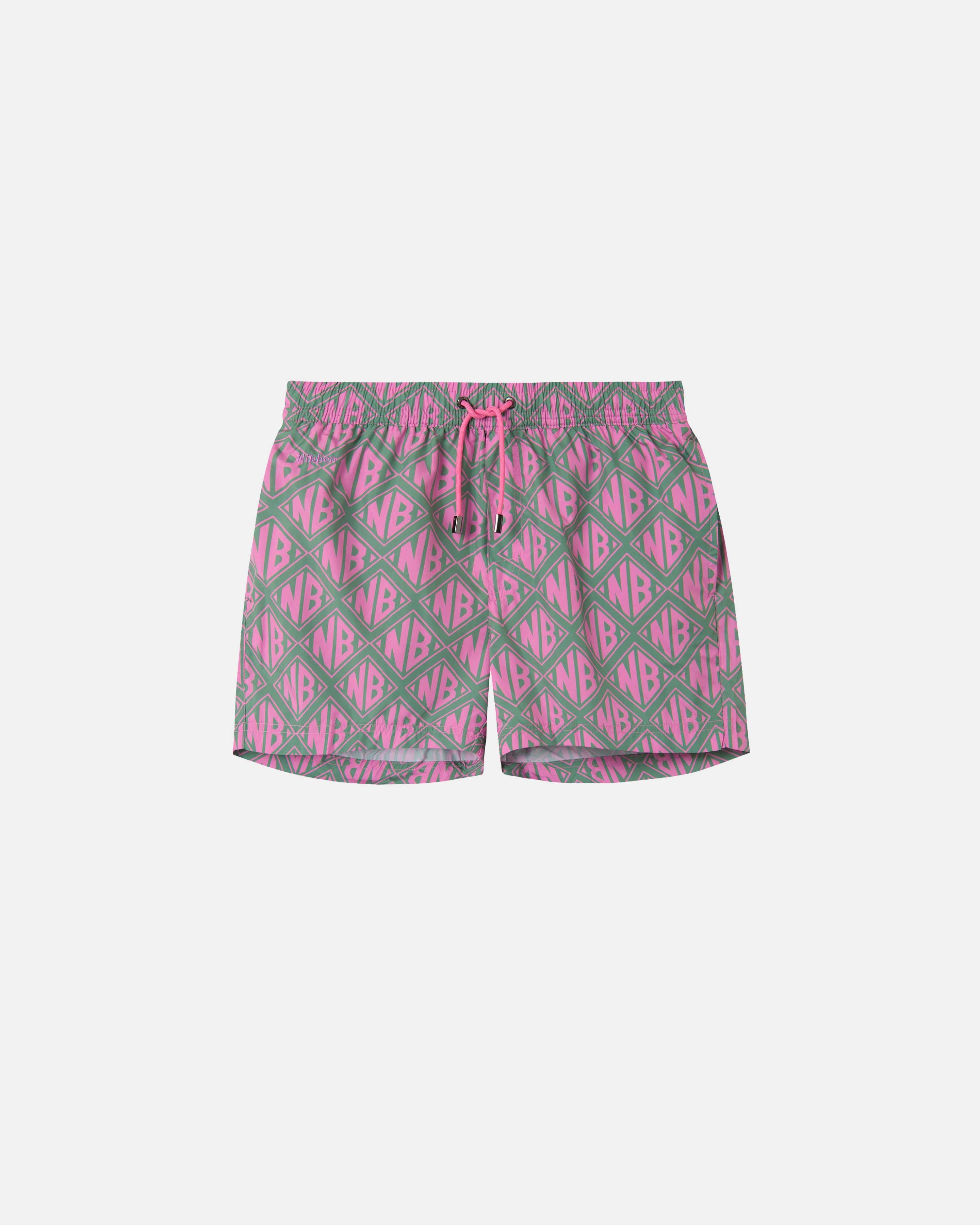 Olive and pink swim trunks with pink 