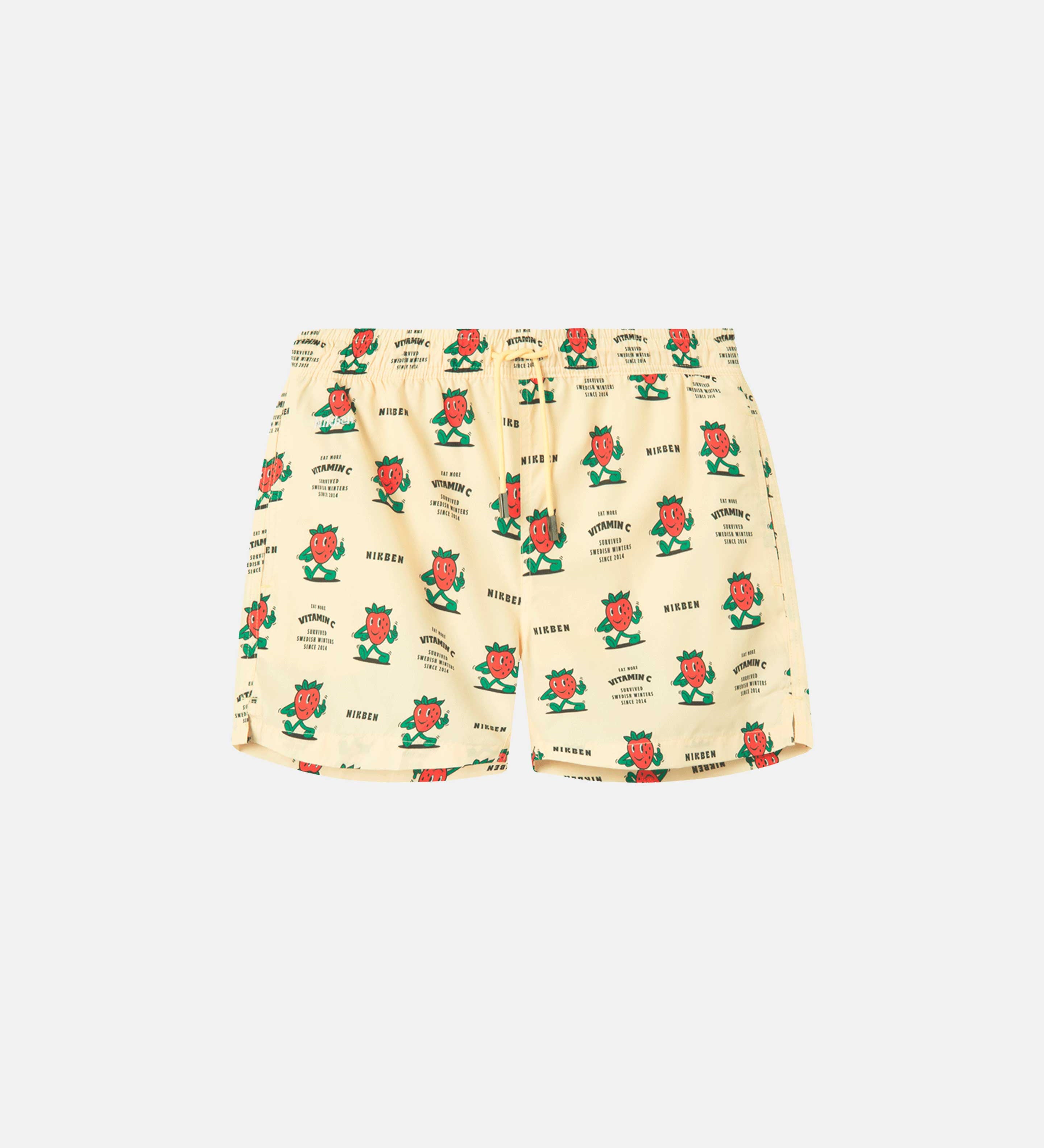 Off white swim trunks with strawberries and text