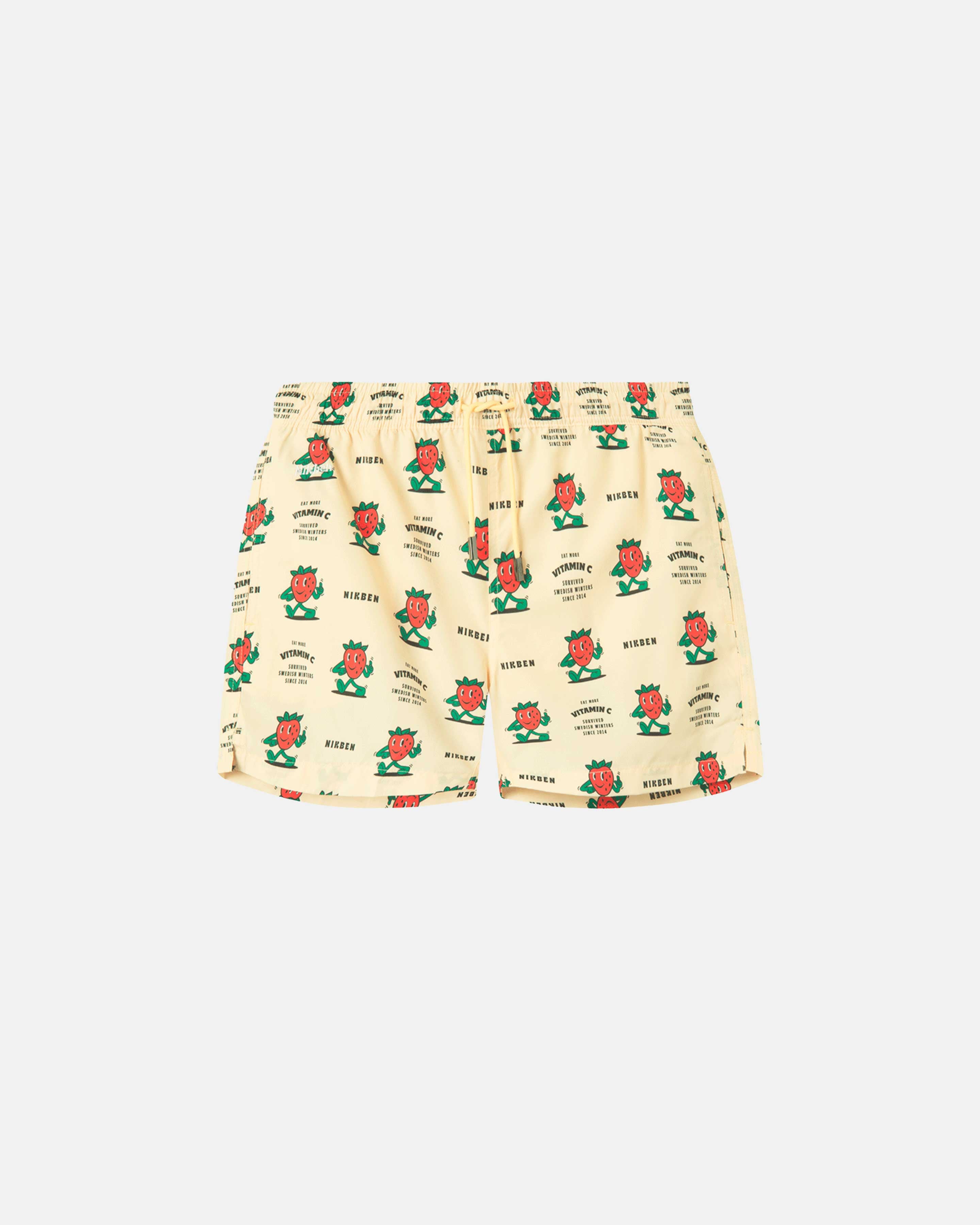 Off white swim trunks with strawberries and text