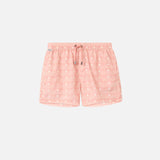 Light pink patterned swim trunks. Mid length shorts with drawstring waistband and two side pockets.