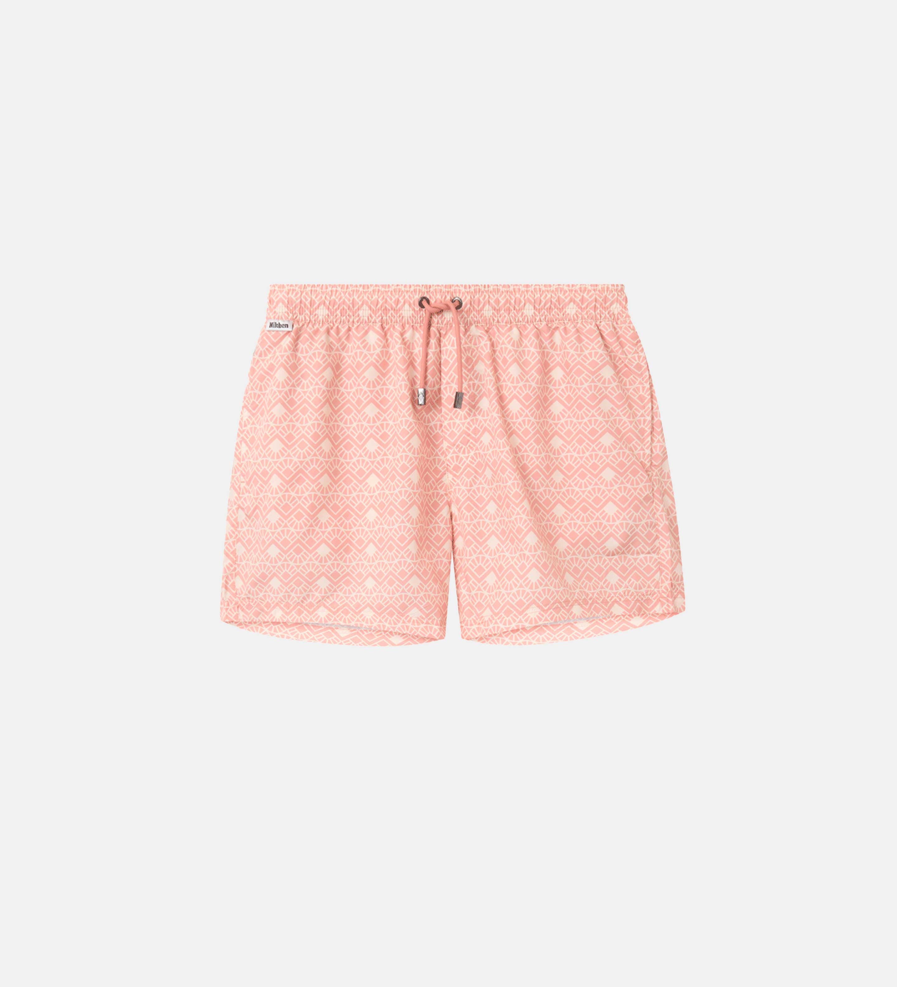 Light pink patterned swim trunks. Mid length shorts with drawstring waistband and two side pockets.