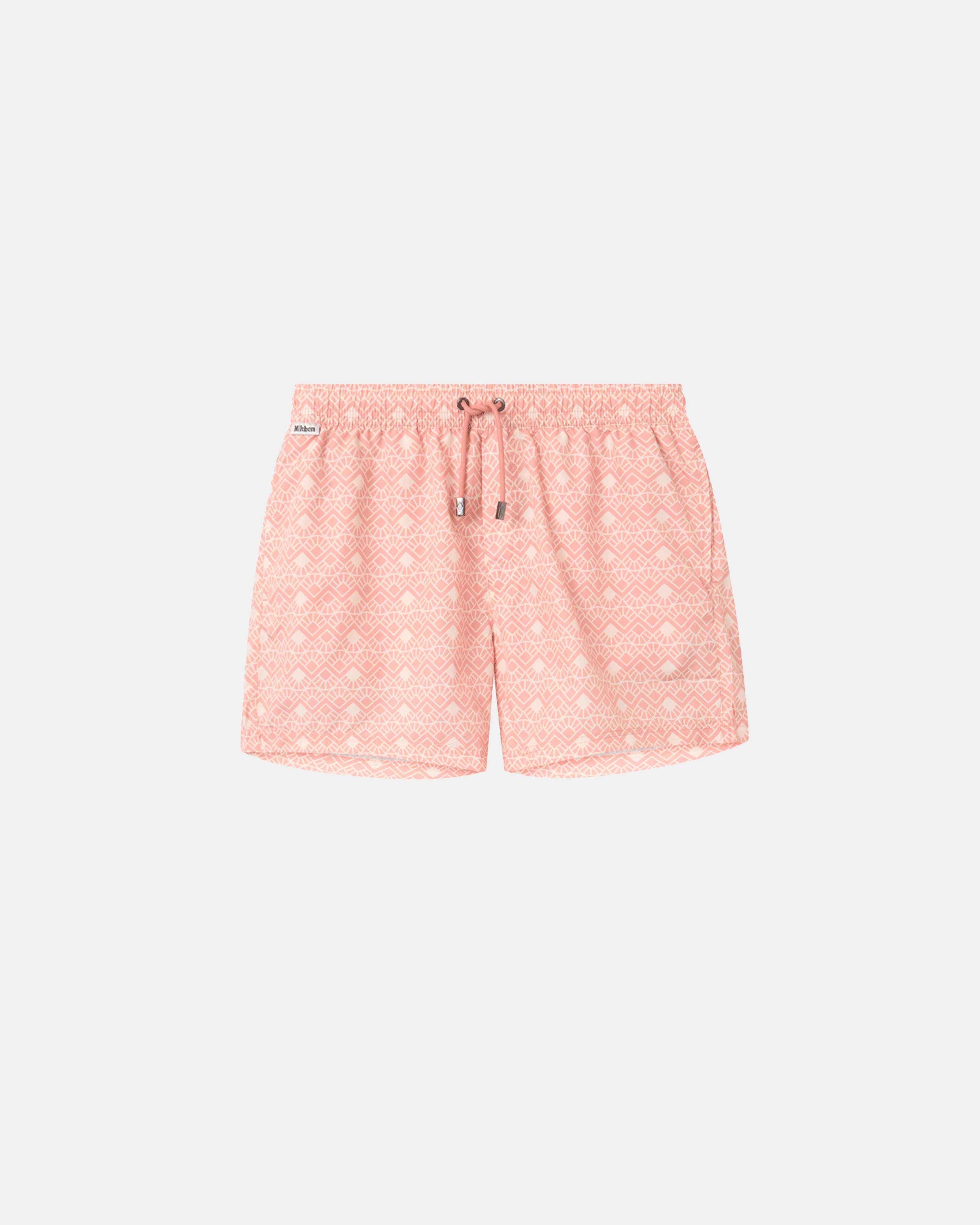 Light pink patterned swim trunks. Mid length shorts with drawstring waistband and two side pockets.