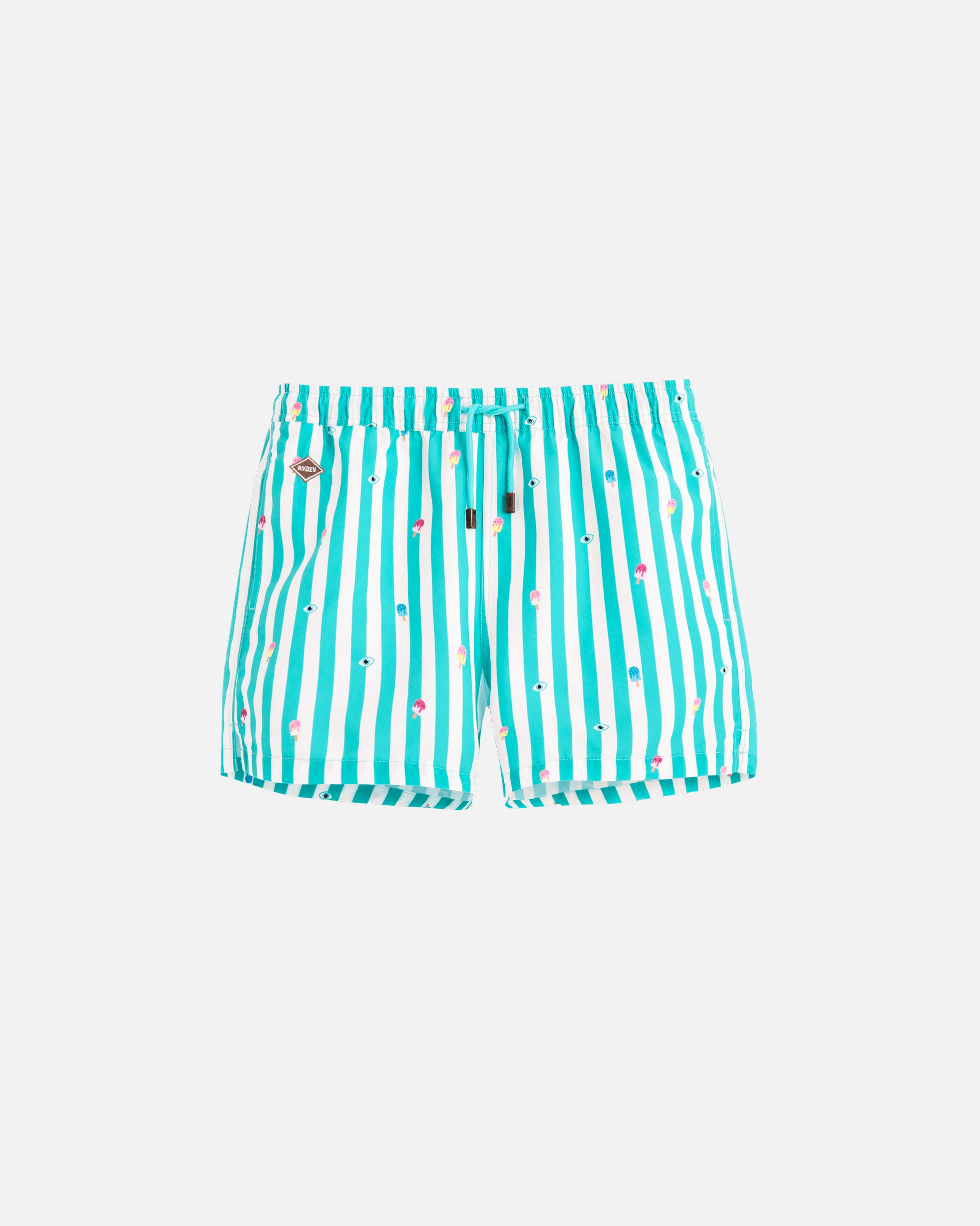 White-green striped swim trunks. Mid length shorts with drawstring waistband and two side pockets.