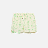 Pale yellow swim trunks with green pattern. Mid length shorts with drawstring waistband and two side pockets.