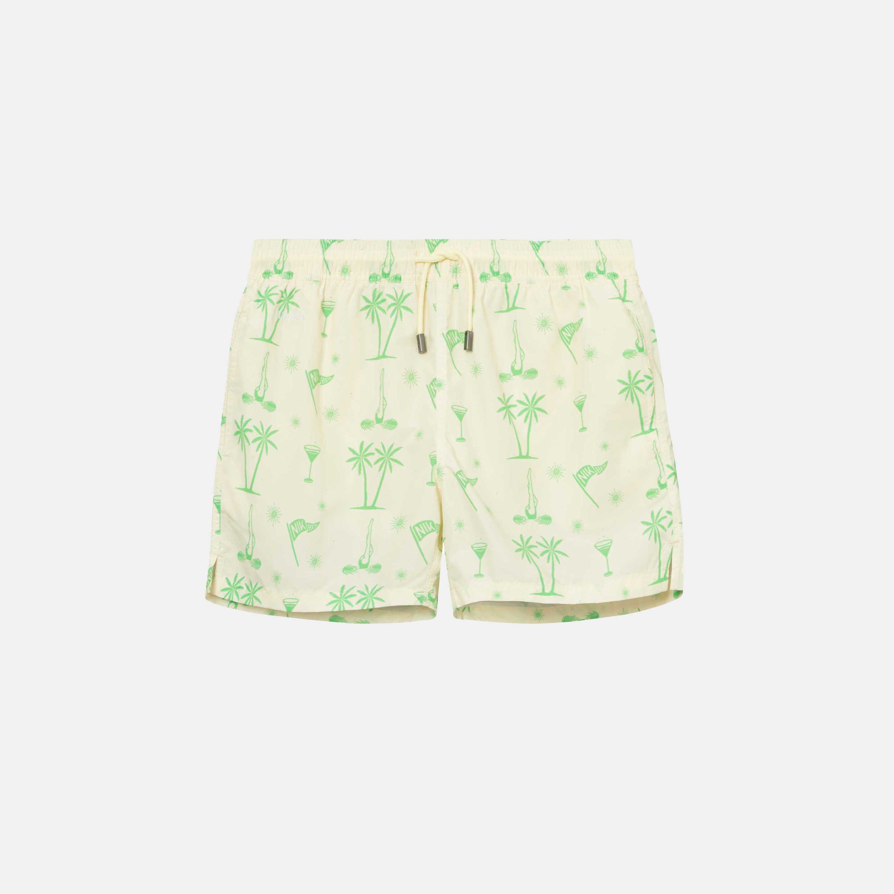 Light green patterned swim trunks. Mid length shorts with drawstring waistband and two side pockets.