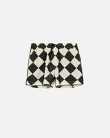 Black and white patterned swimming trunks. Mid length with drawstring and two side pockets.
