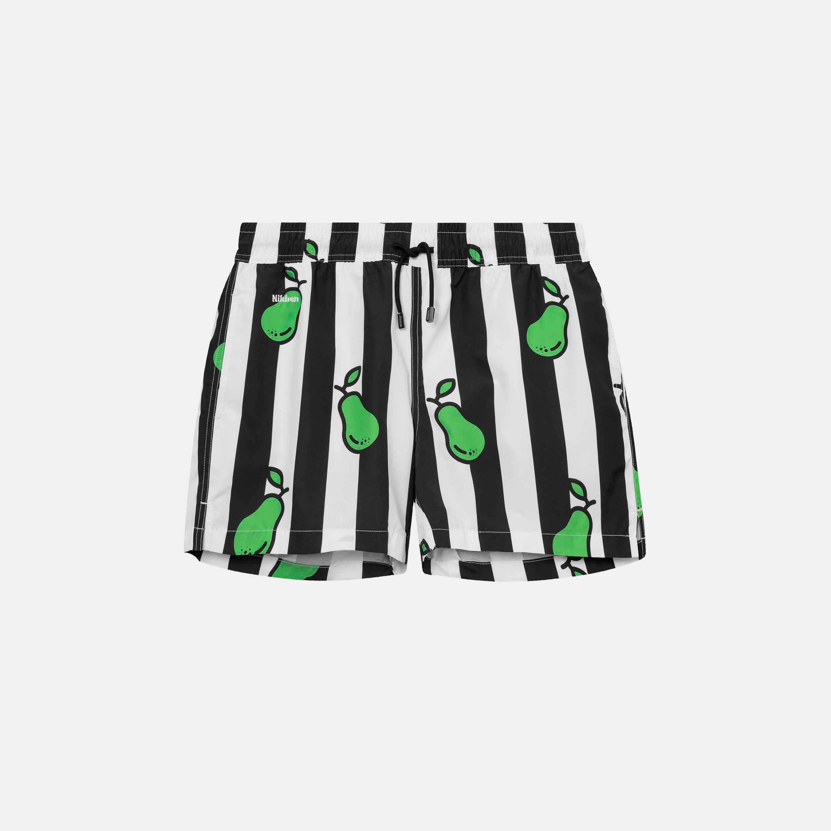 Black and white striped swim trunks with pear print. Mid length with drawstring and two side pockets.
