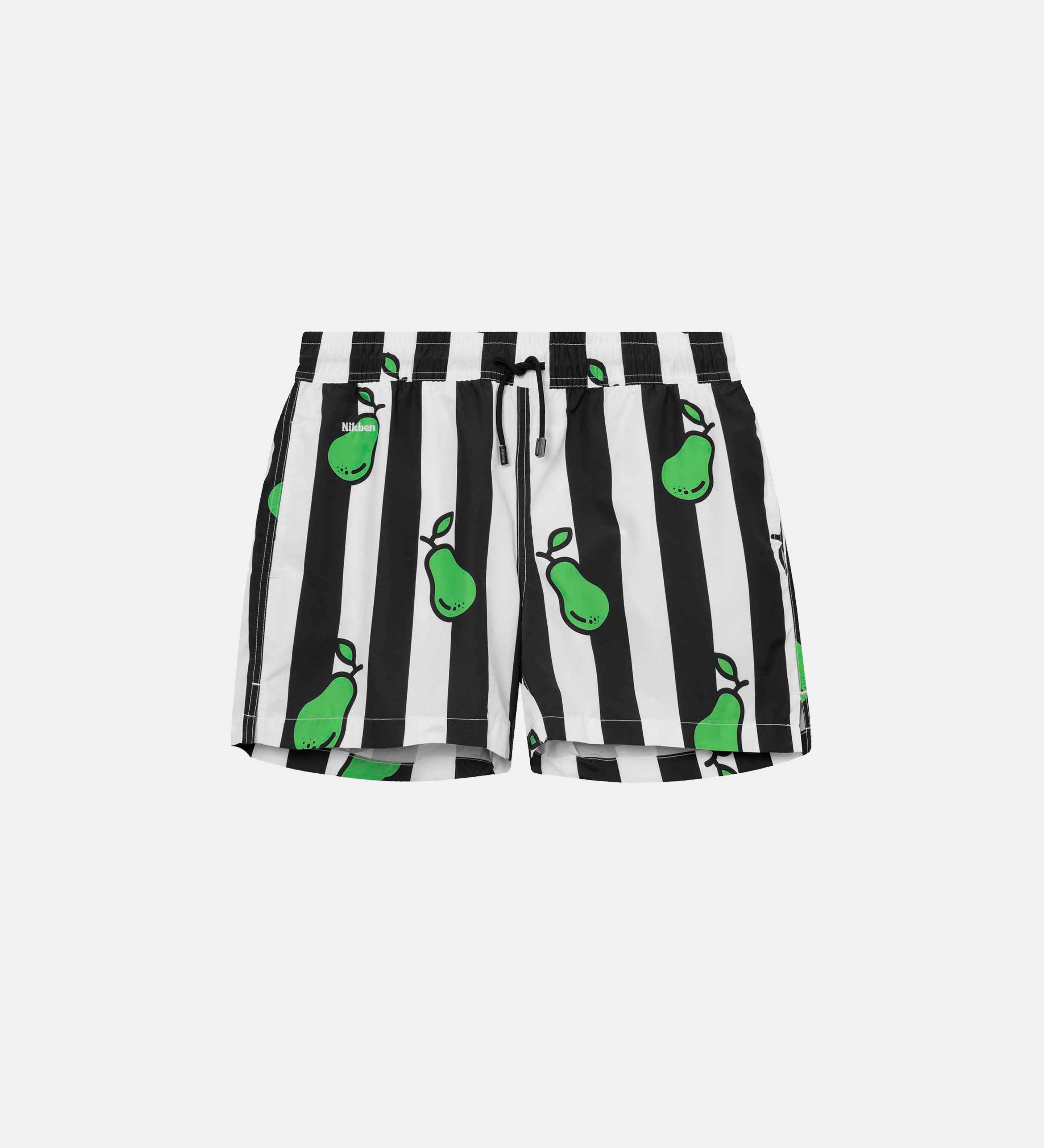 Black and white striped swim trunks with pear print. Mid length with drawstring and two side pockets.