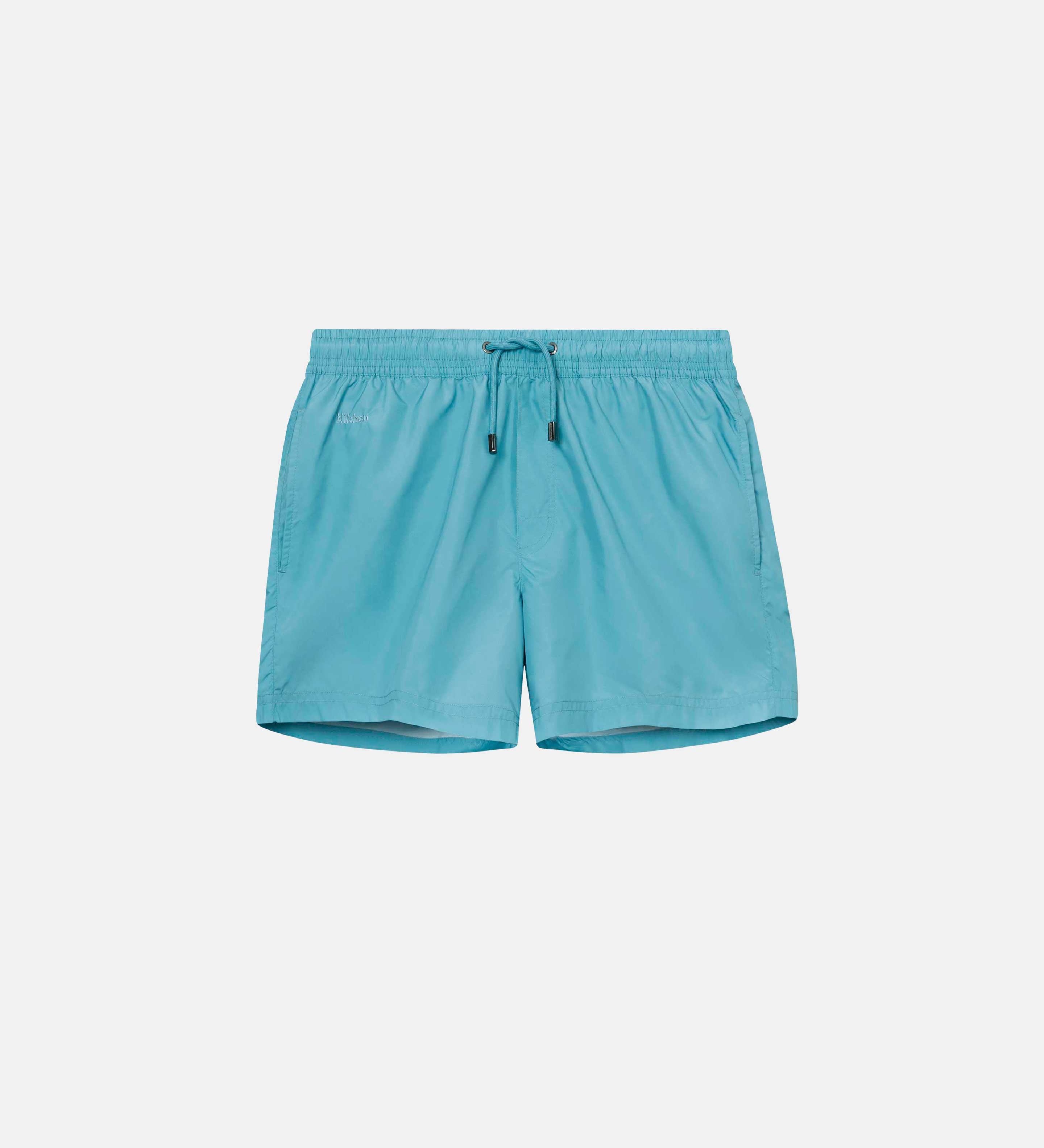 Light blue swim trunks. Mid length with drawstring and two side pockets.
