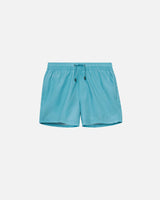 Light blue swim trunks. Mid length with drawstring and two side pockets.