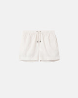 Cream white swim trunks. Mid length with drawstring and two side pockets.