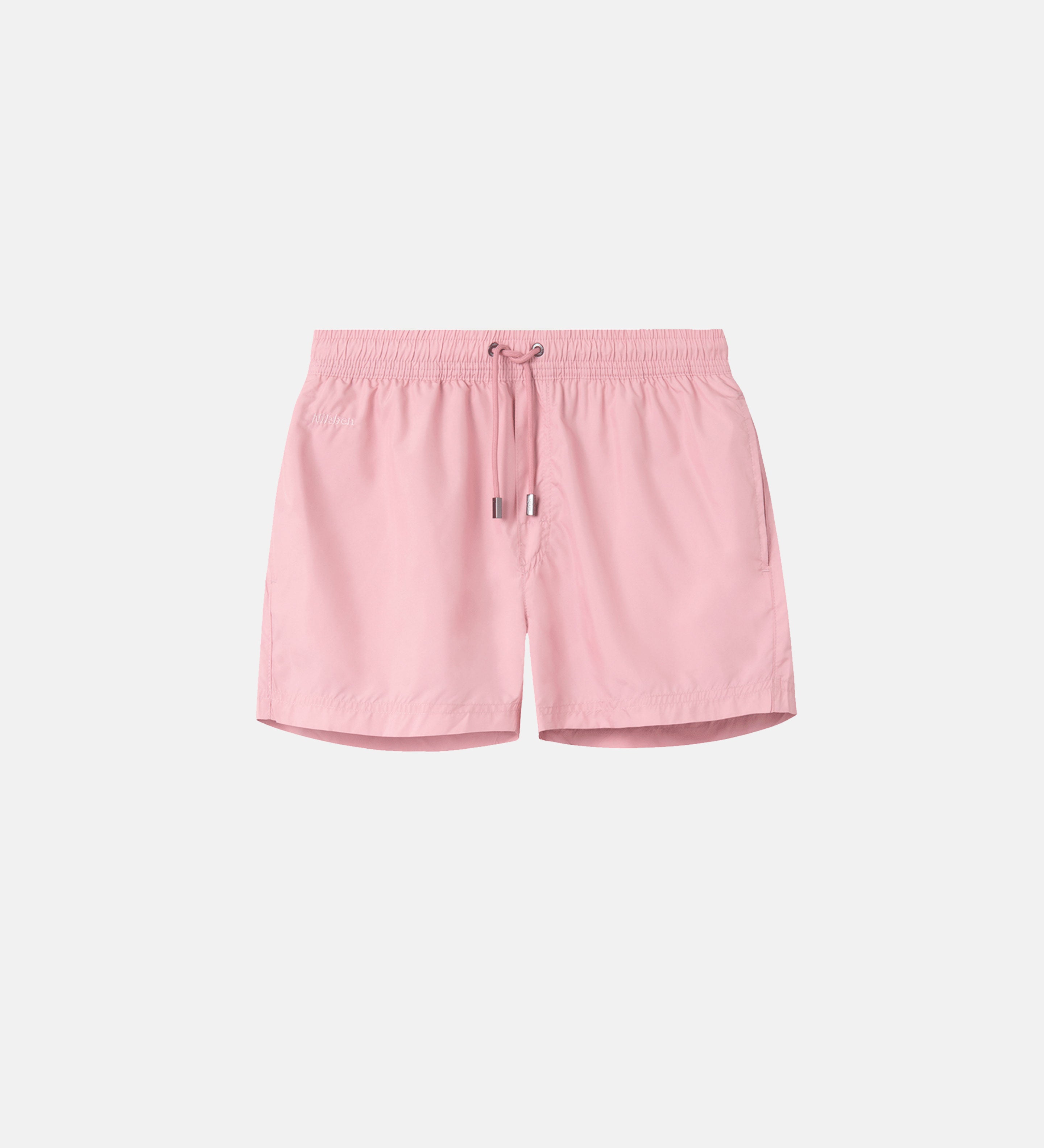 Pink swim trunks. Mid length with drawstring and two side pockets.