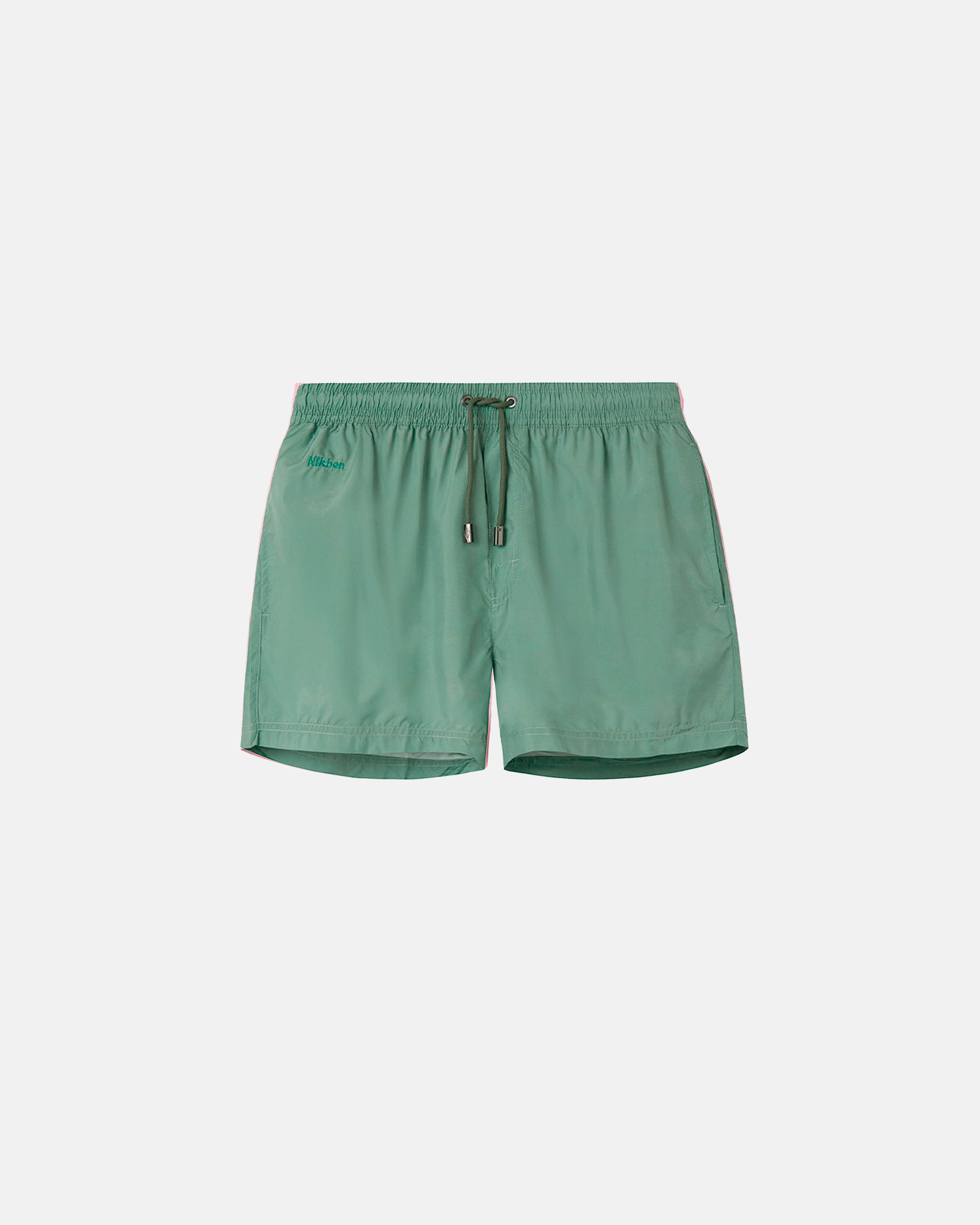 Green swim trunks. Mid length with drawstring and two side pockets.