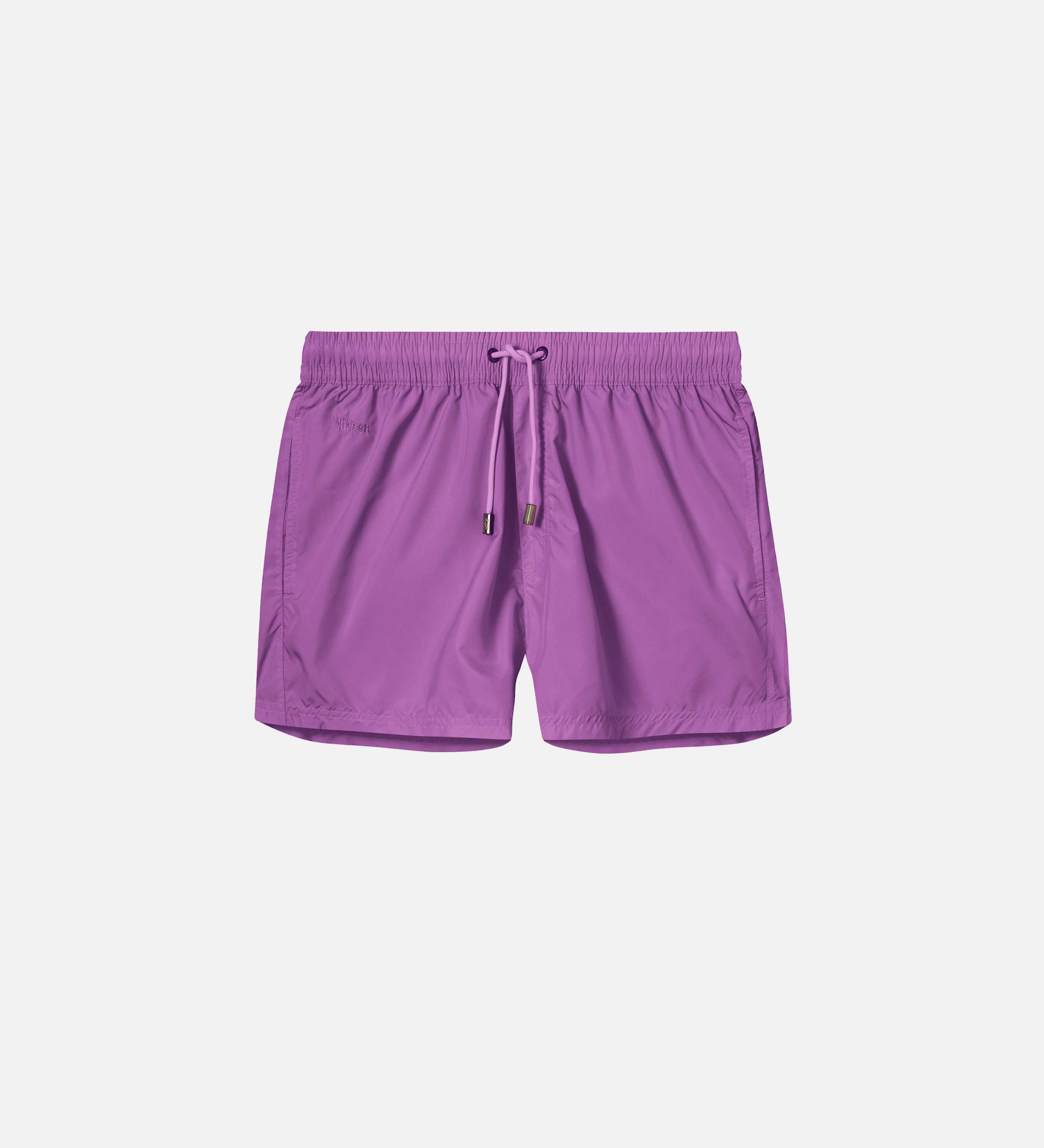 Purple swim trunks. Mid length with drawstring and two side pockets.