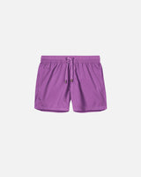 Purple swim trunks. Mid length with drawstring and two side pockets.