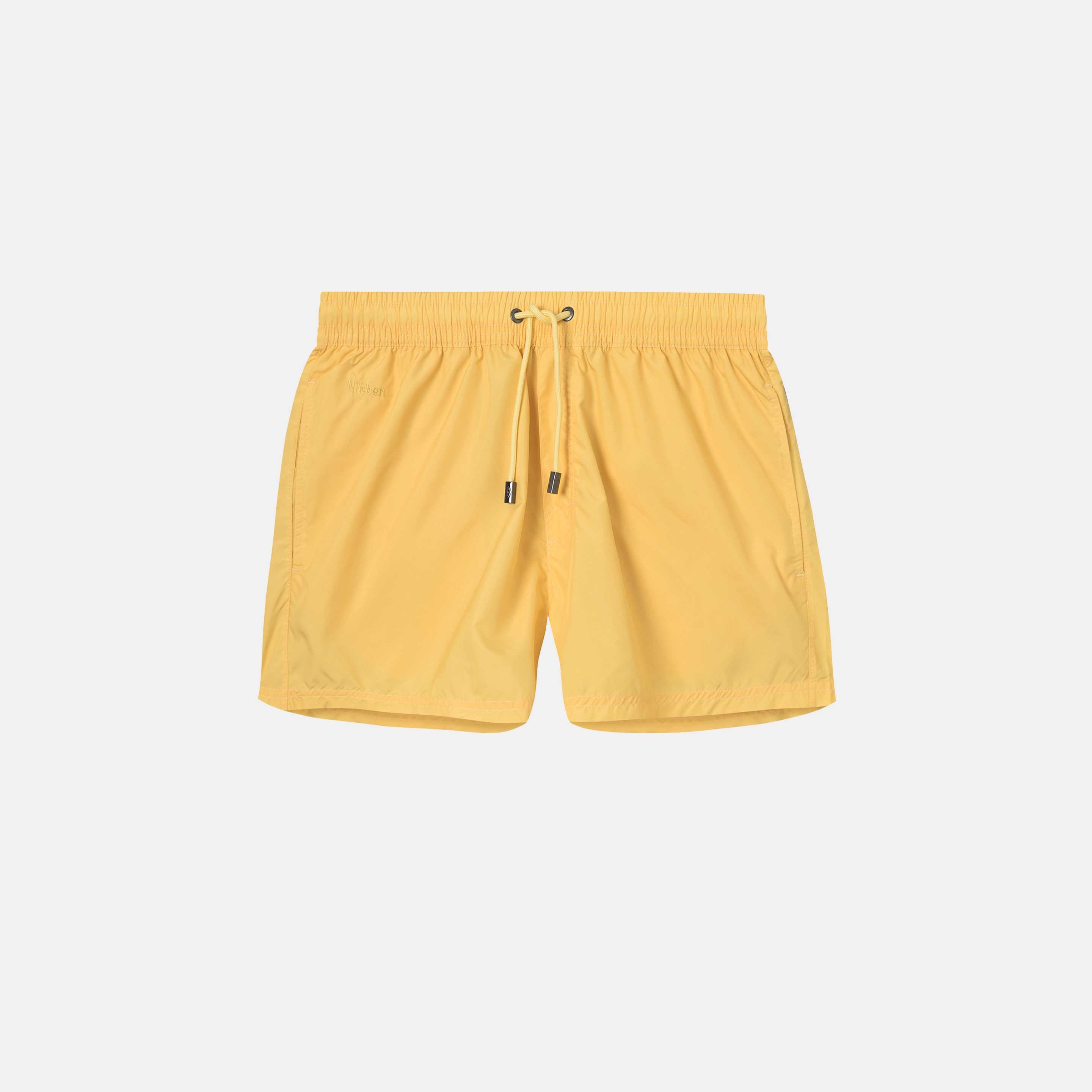 Yellow swim trunks. Mid length with drawstring and two side pockets.