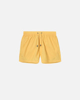 Yellow swim trunks. Mid length with drawstring and two side pockets.