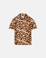 Leopard printed short sleeve vacation shirt with white pearl buttons