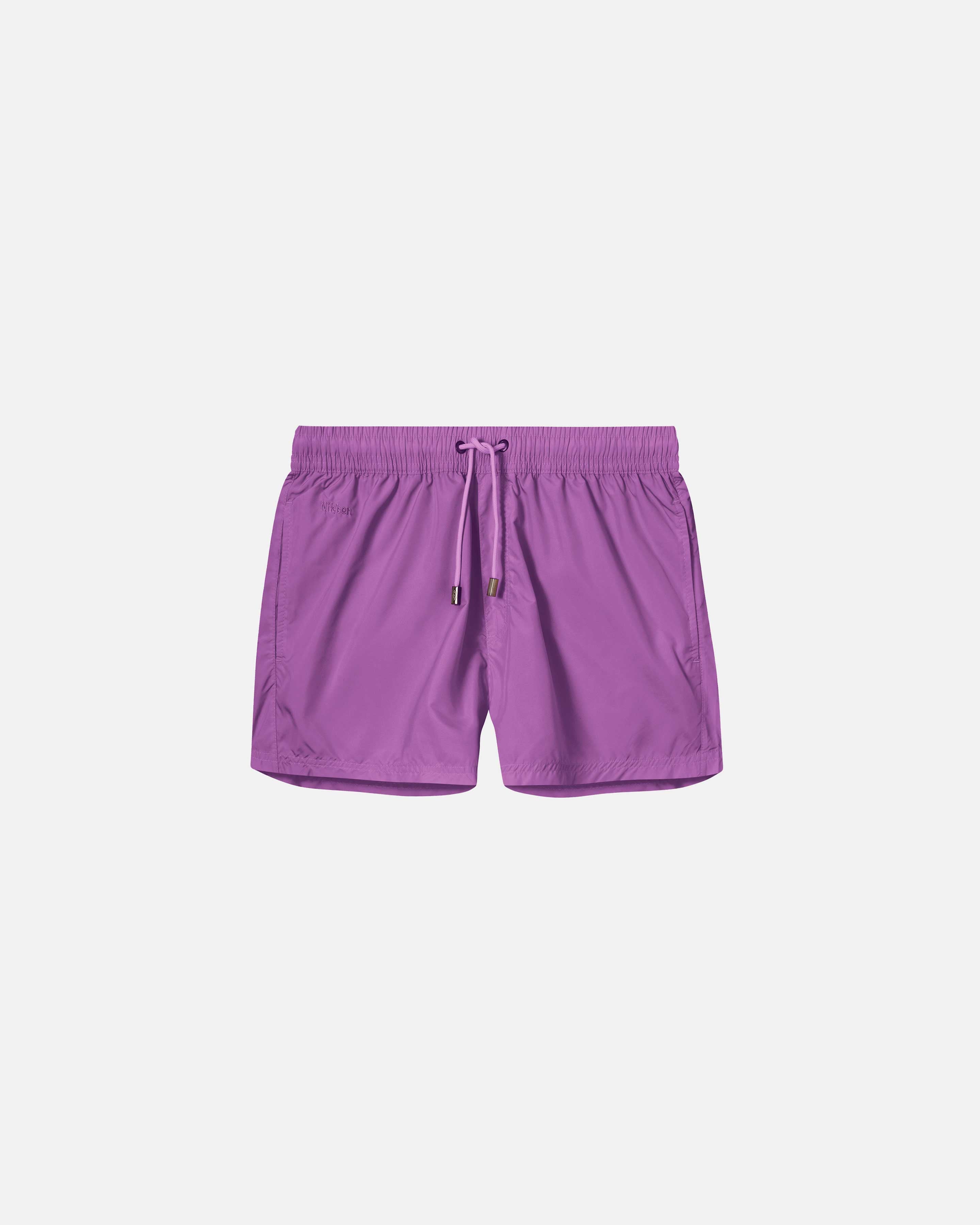 Purple swim trunks. Mid length with drawstring and two side pockets.