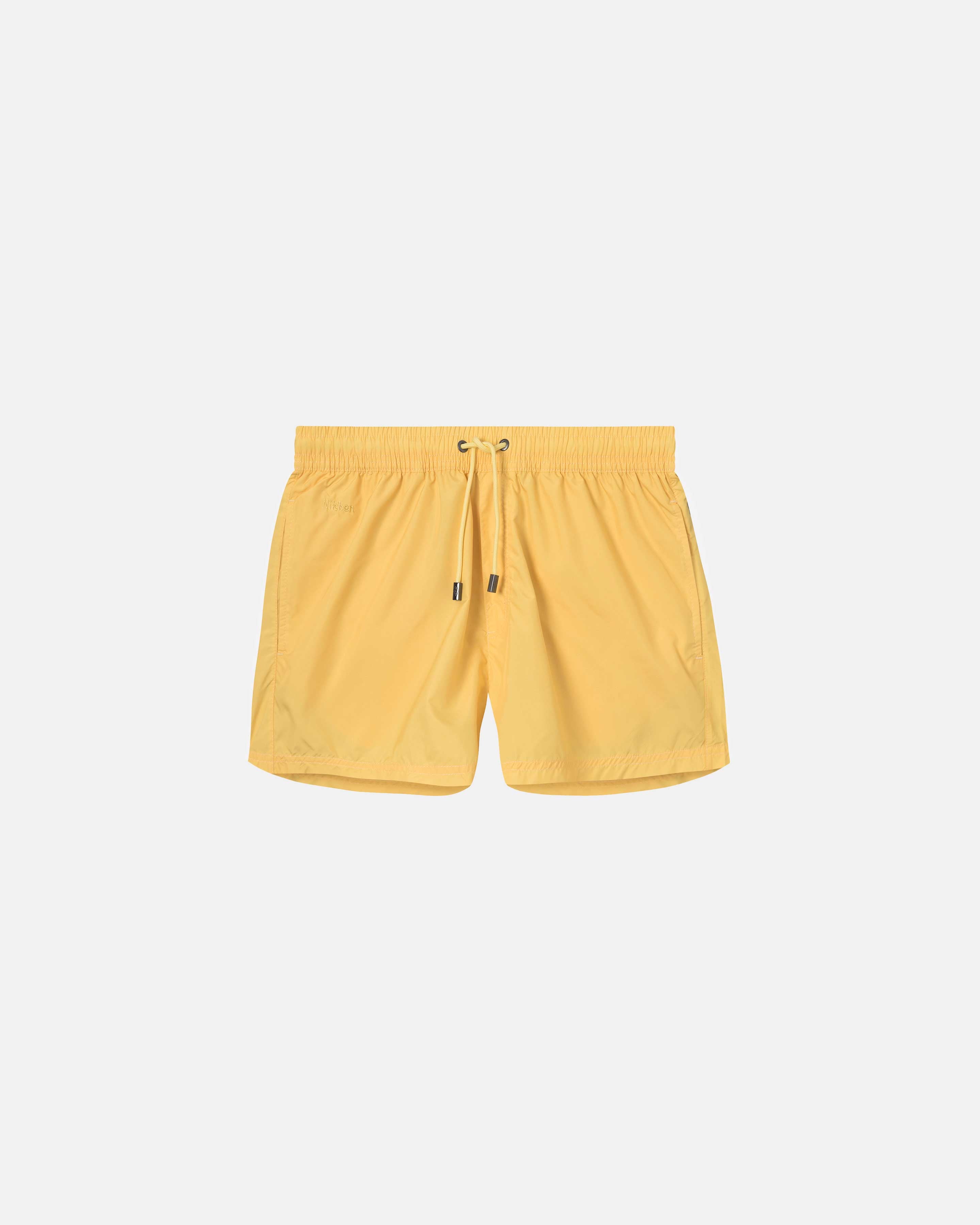 Yellow swim trunks. Mid length with drawstring and two side pockets.