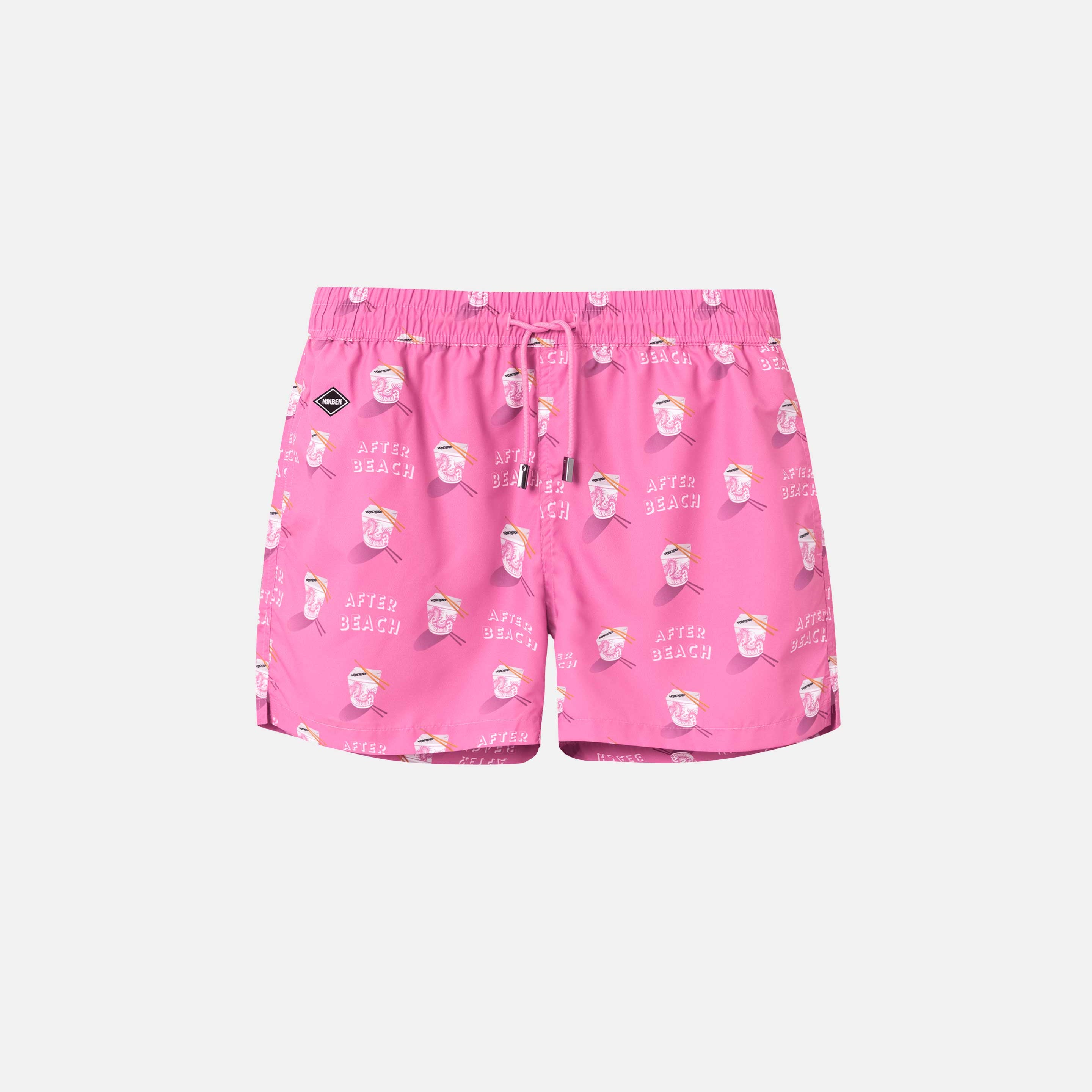 Pink pinted swim trunks. Mid length shorts with drawstring waistband and two side pockets.