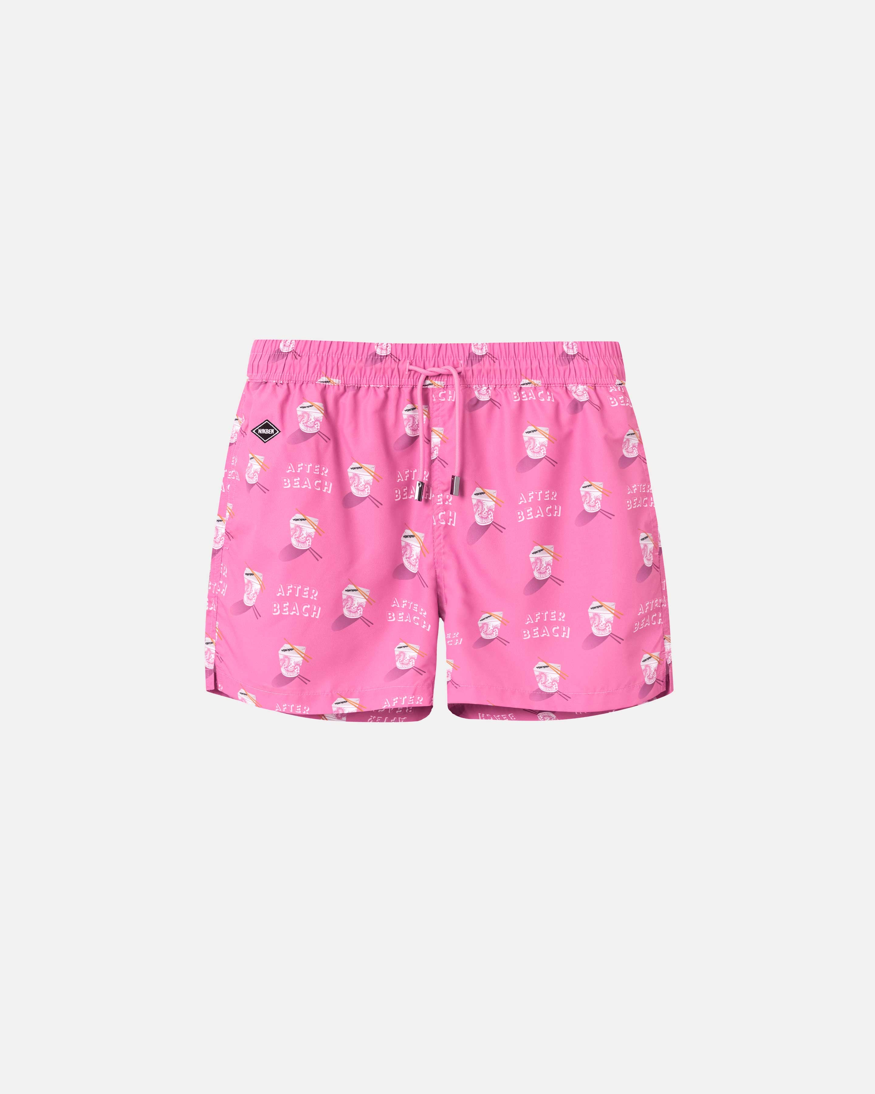 Pink pinted swim trunks. Mid length shorts with drawstring waistband and two side pockets.