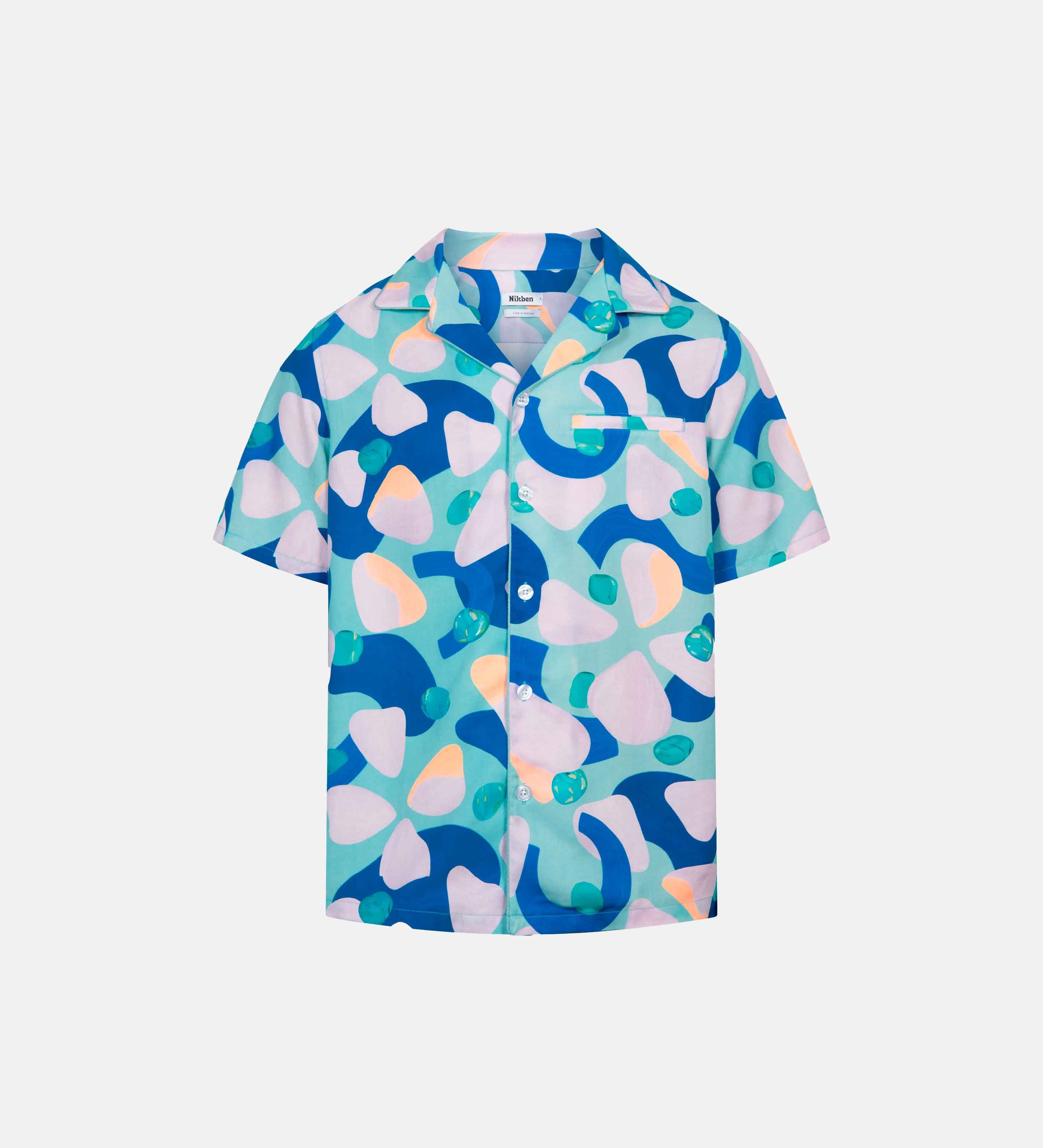 Short-sleeved vacation shirt with a multi-colored graphic patter, open collar, one breast pocket, and button closure.