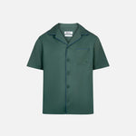 Green short-sleeved vacation shirt with an open collar, one breast pocket, and button closure.