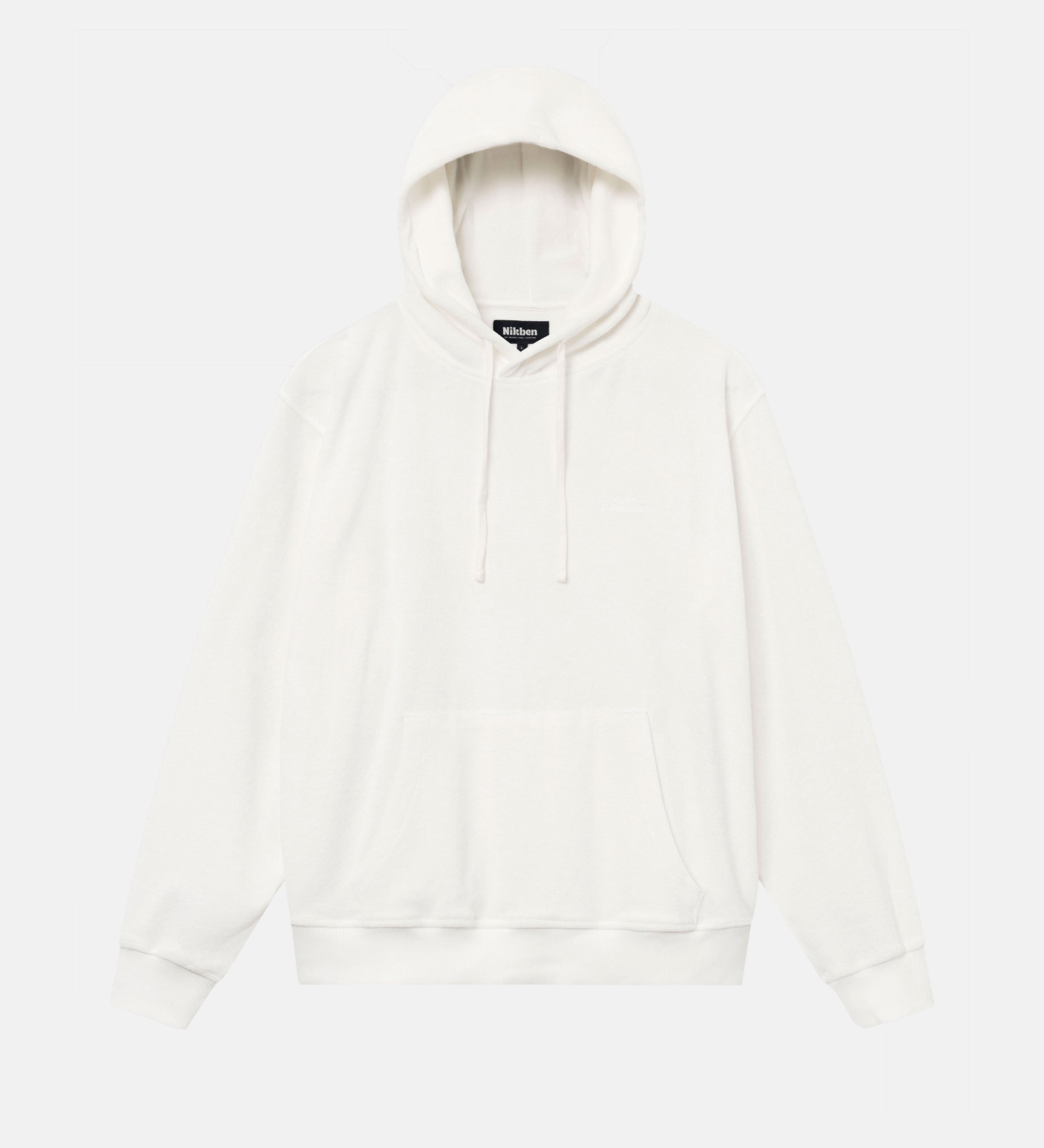 Off White hoodie made from terry toweling cloth. It features drawstrings, a single front pocket, and a white embroidered "Nikben" logo on the chest