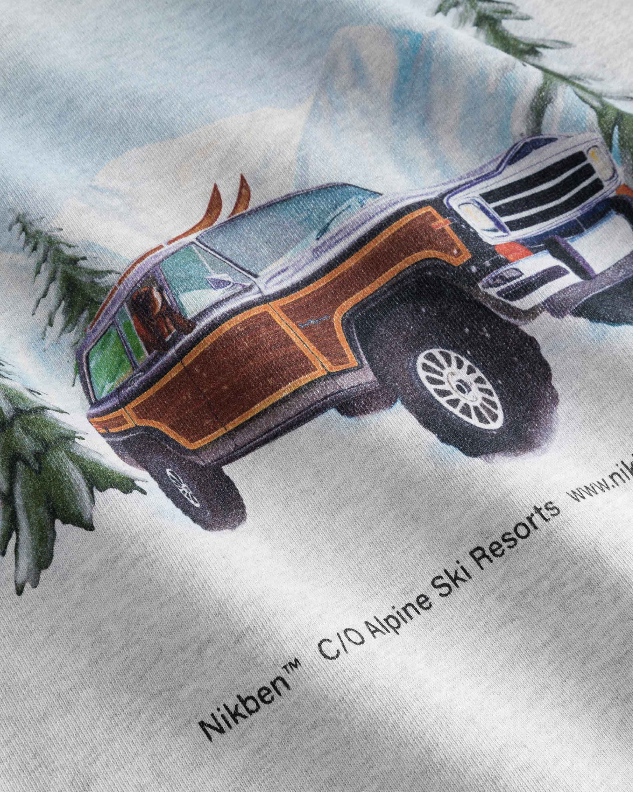 Close-up of car print on a grey hoodie.