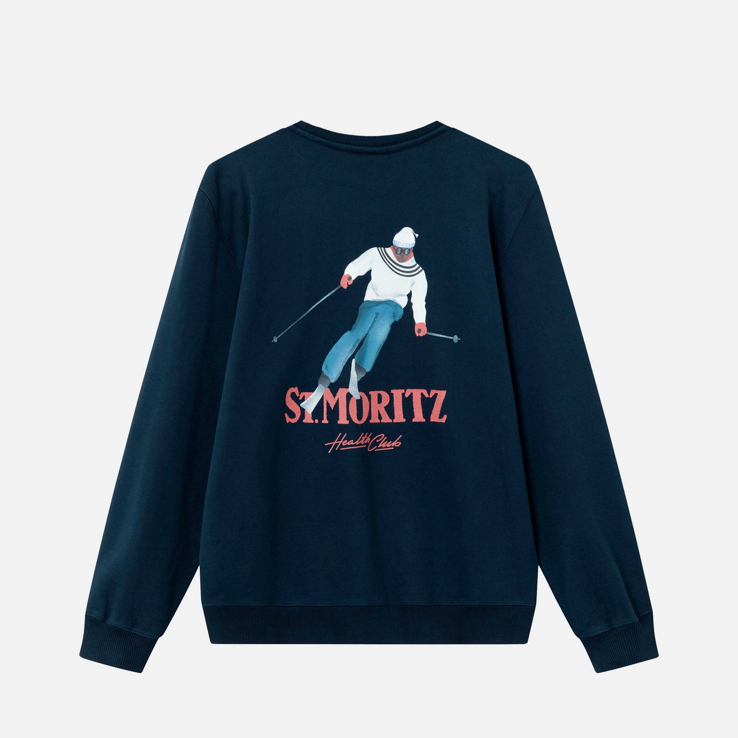 Back view of a navy sweatshirt with skier and red text print.